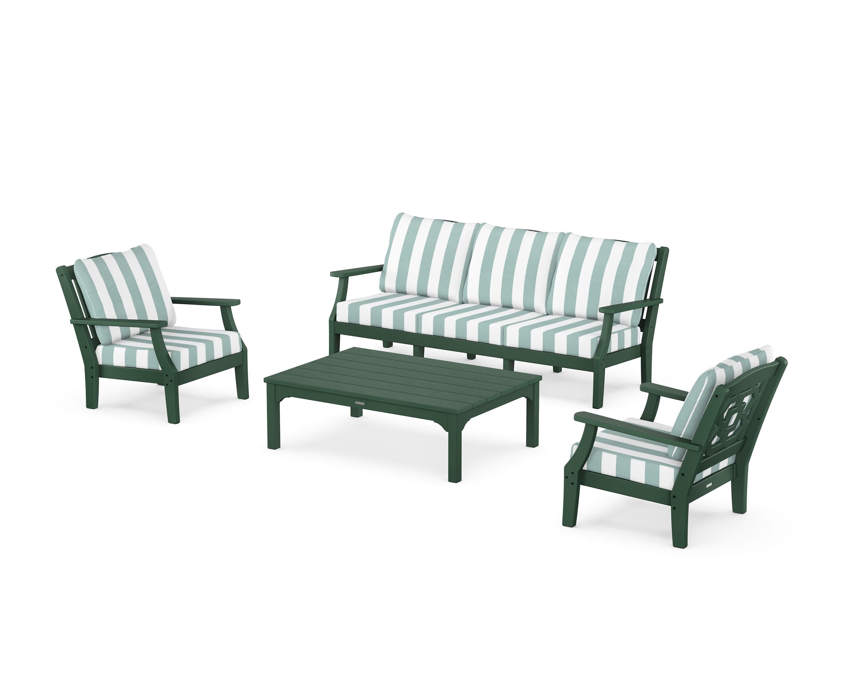 Martha Stewart by POLYWOOD® Chinoiserie 4-Piece Deep Seating Set with Sofa in Green / Cabana Stripe Glacier Spa