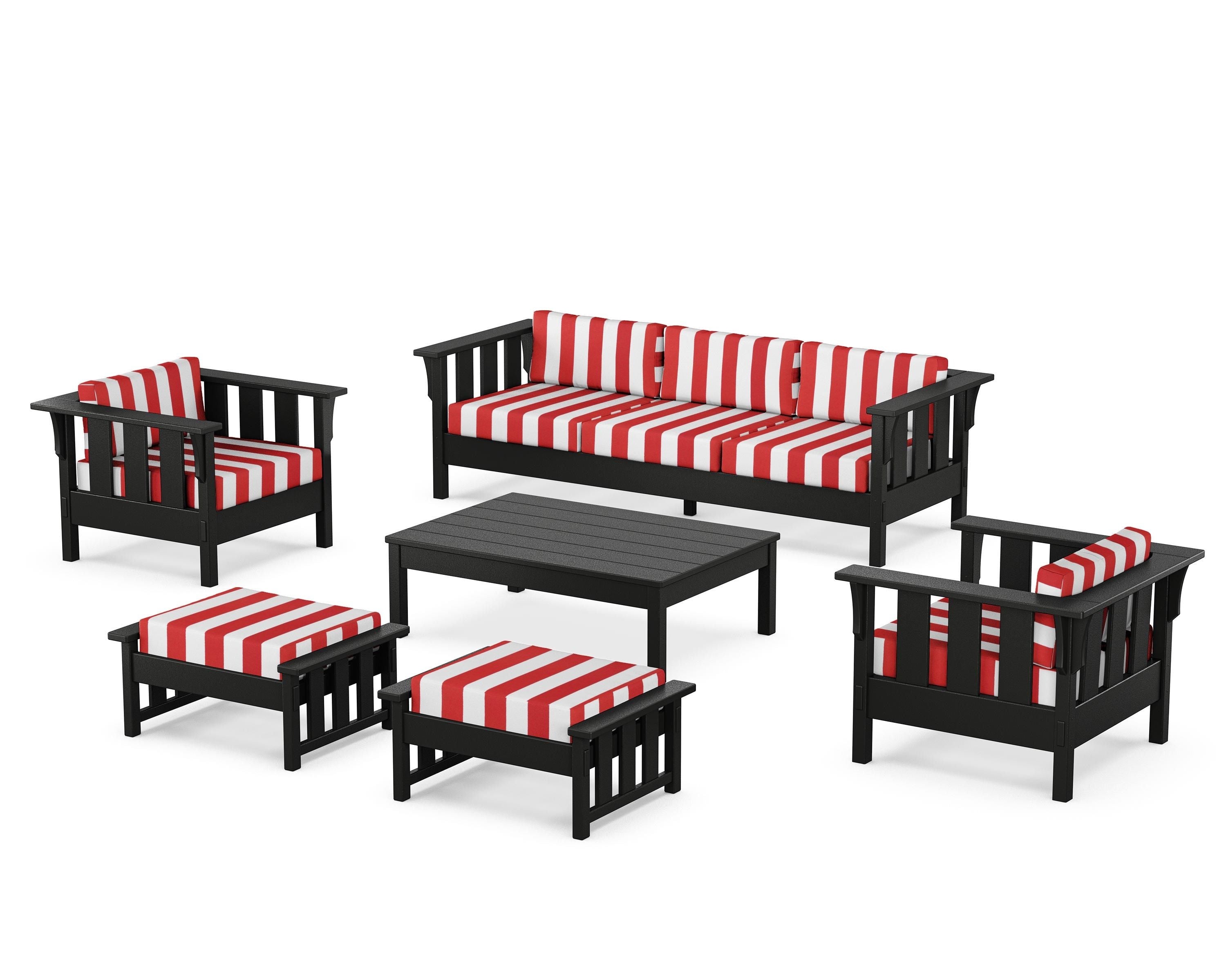 Martha Stewart by POLYWOOD® Acadia 6-Piece Lounge Sofa Set in Black / Cabana Stripe Crimson