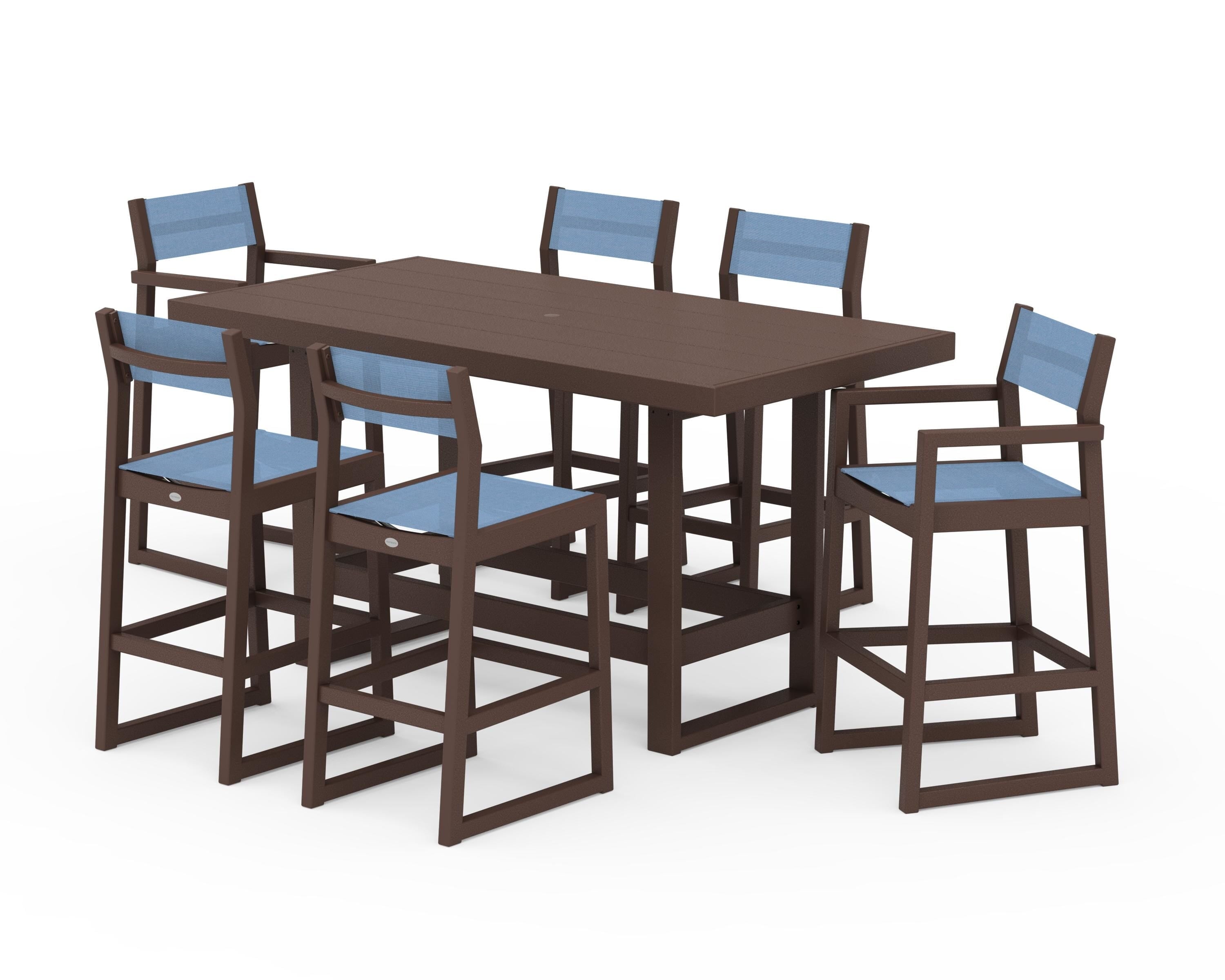 POLYWOOD® EDGE Sling 7-Piece Bar Table Set in Mahogany / Poolside Sling