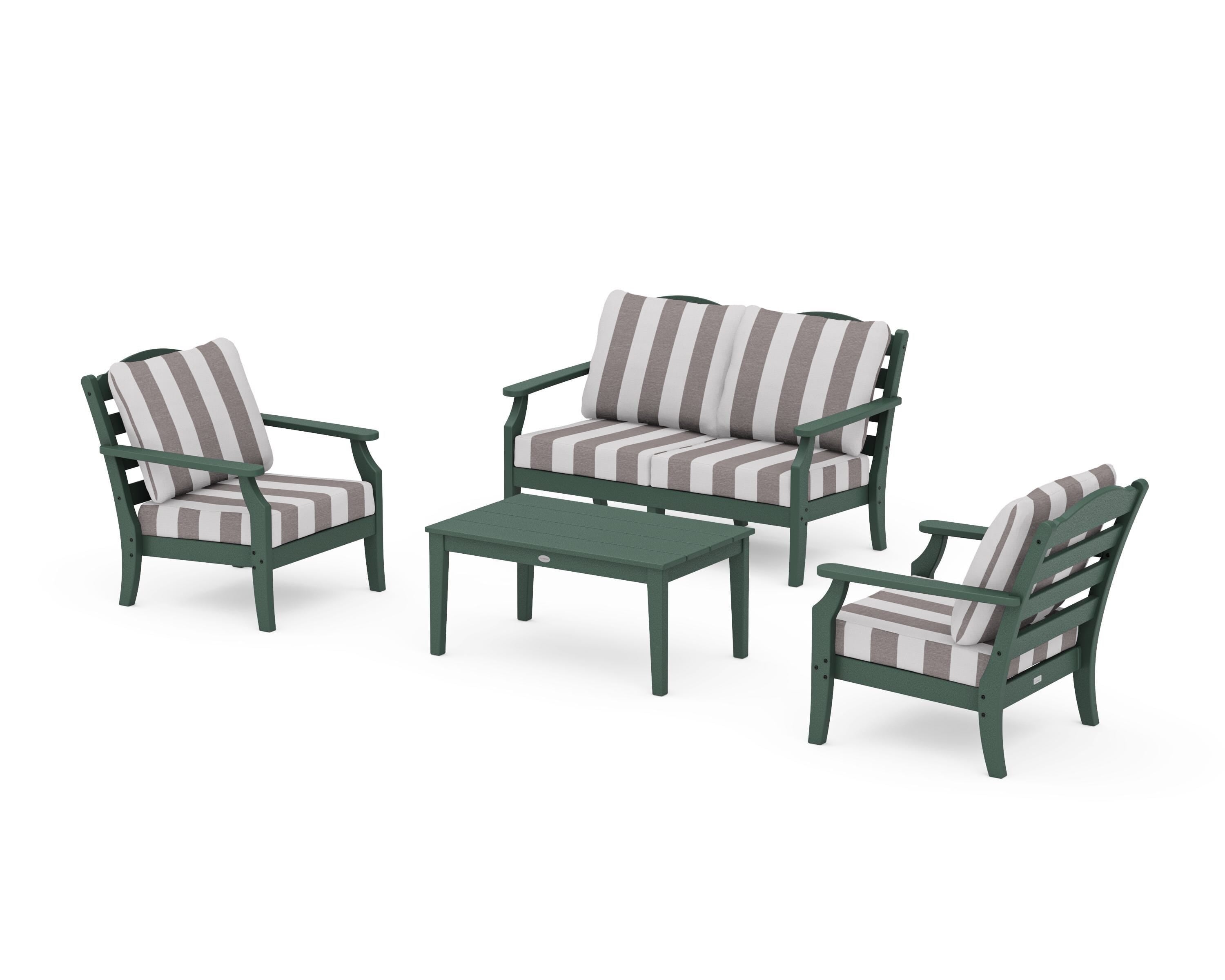 Draper James™ by POLYWOOD® Savannah 4-Piece Deep Seating Set with Loveseat in Green / Cabana Stripe Grey Mist