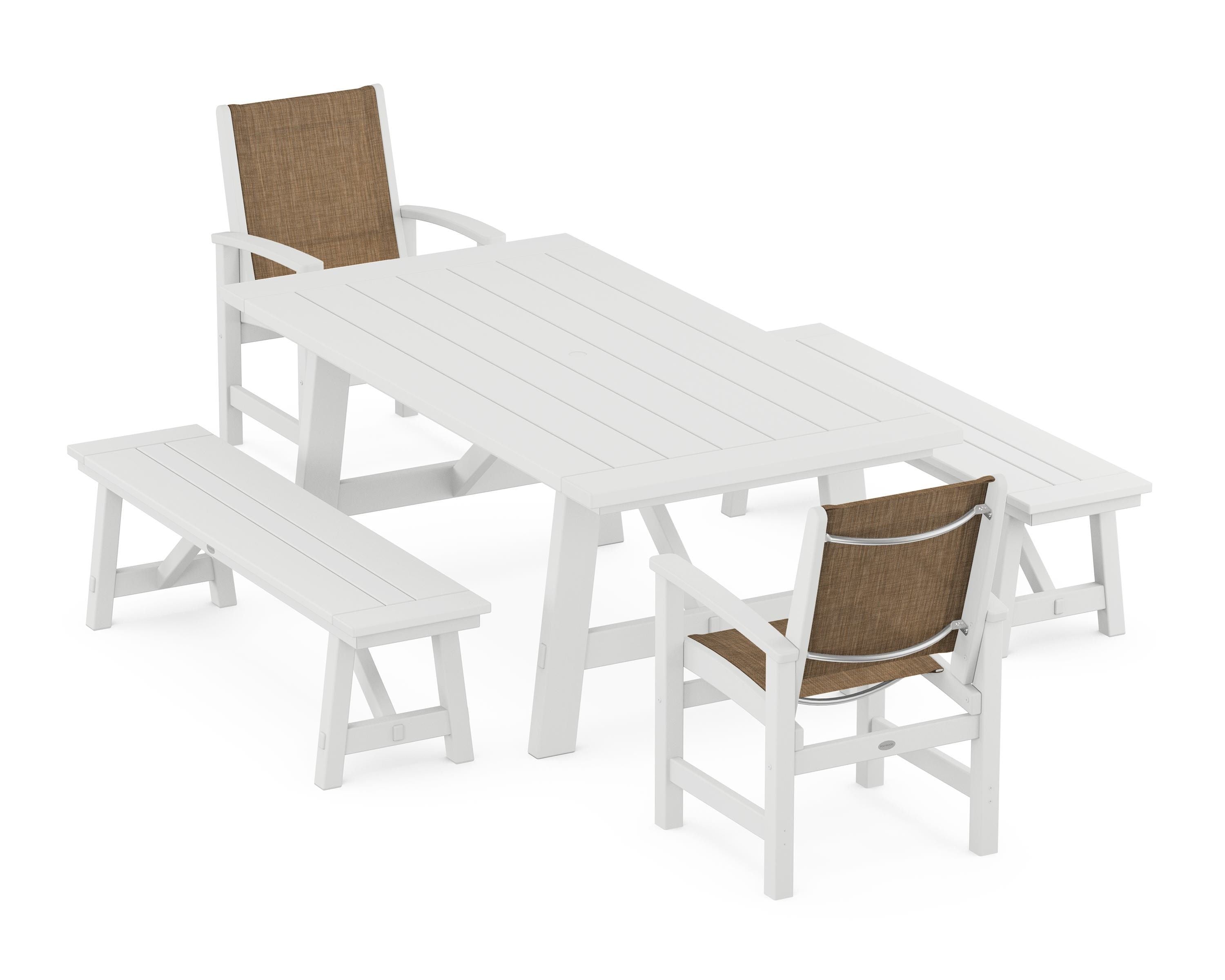 POLYWOOD® Coastal 5-Piece Rustic Farmhouse Dining Set With Benches in White / Burlap Sling