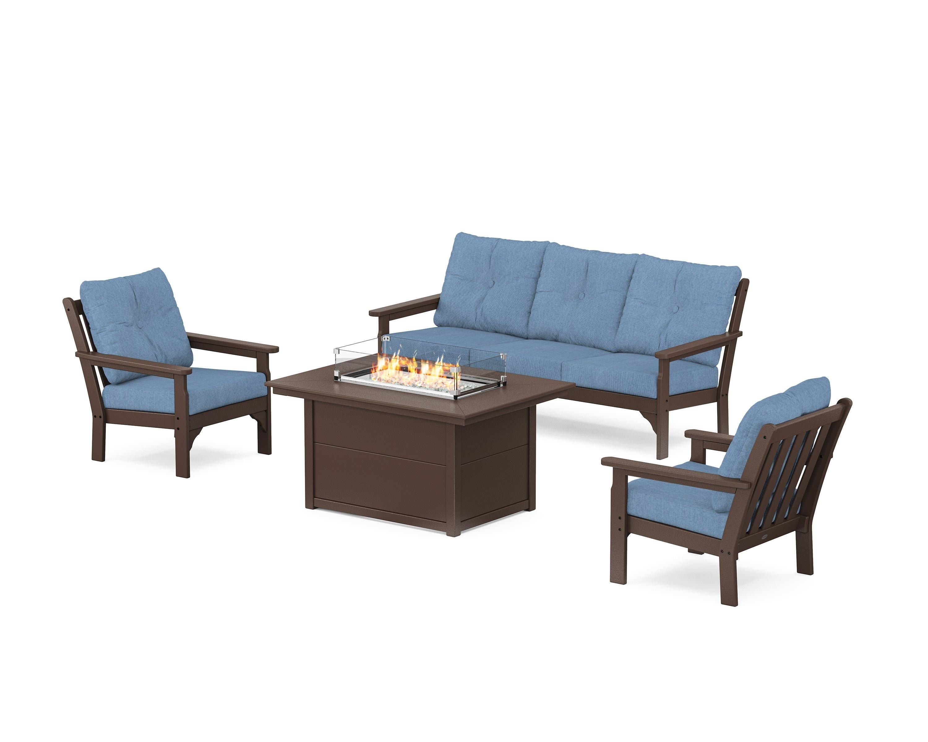 POLYWOOD® Vineyard Deep Seating Fire Pit Table Set in Mahogany / Sky Blue