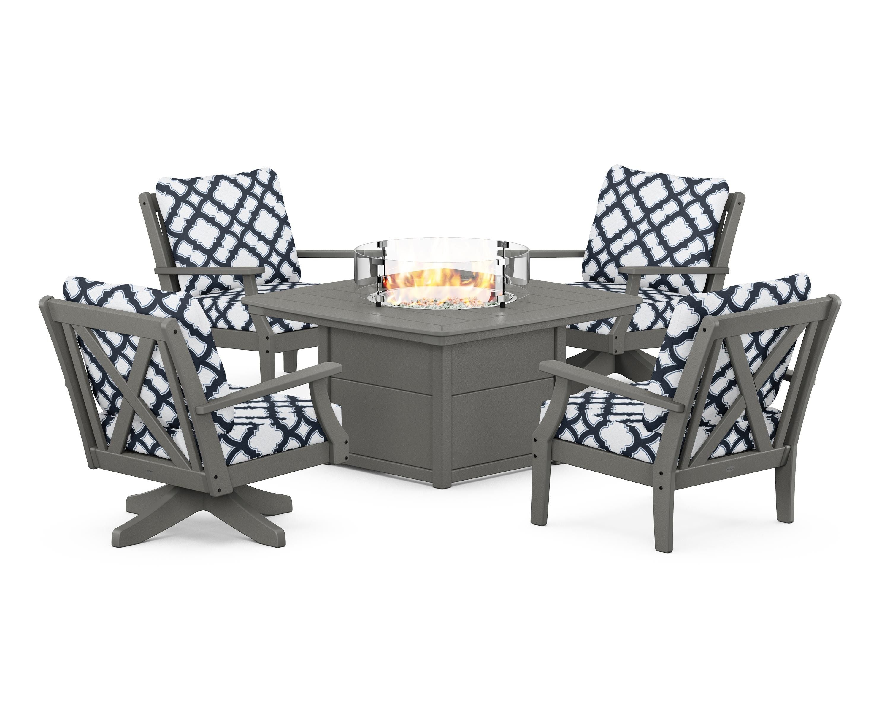 POLYWOOD® Braxton 5-Piece Deep Seating Set with Fire Table in Slate Grey / Trellis Marine Indigo