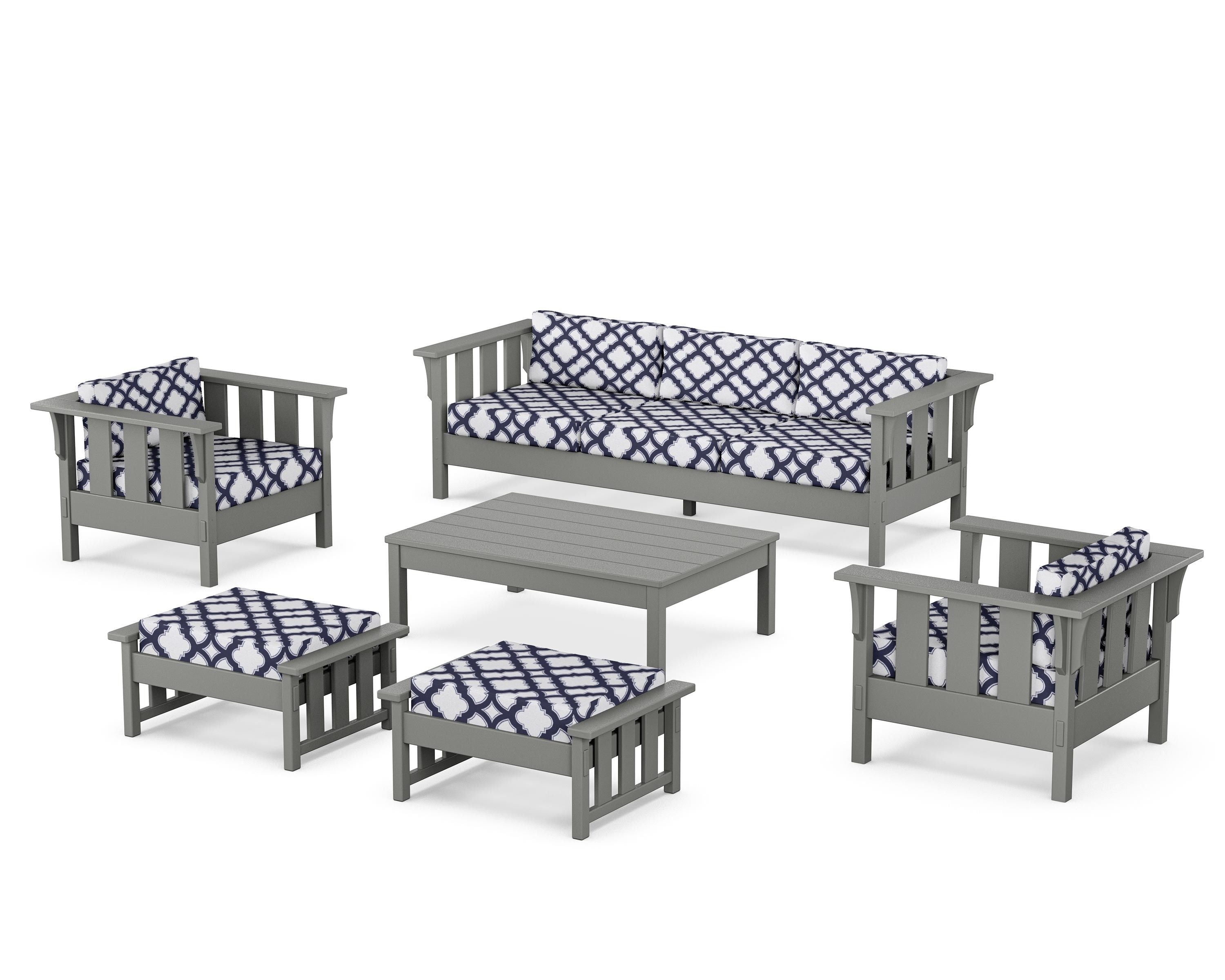 Martha Stewart by POLYWOOD® Acadia 6-Piece Lounge Sofa Set in Slate Grey / Trellis Navy
