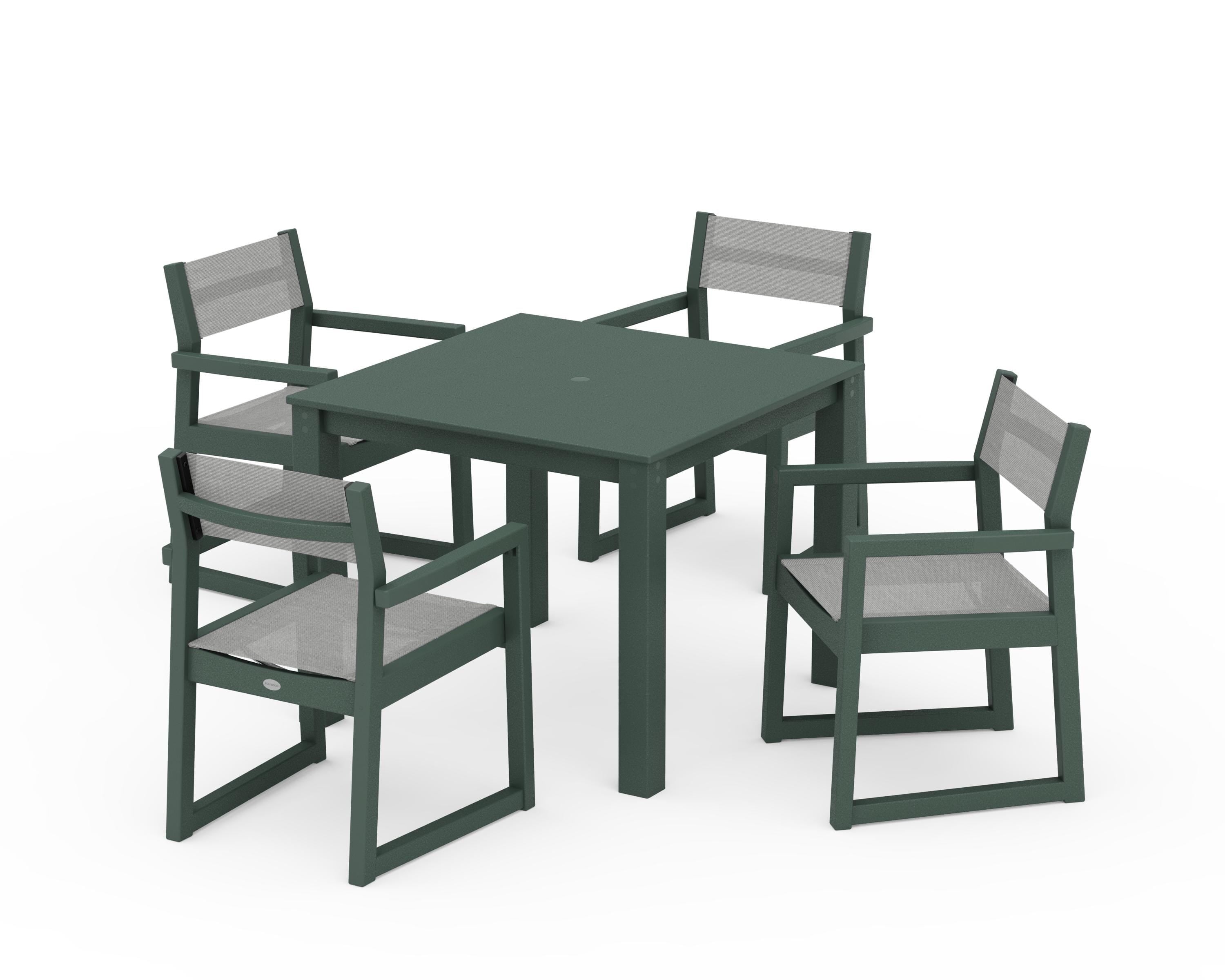POLYWOOD® EDGE Sling Arm Chair 5-Piece Parsons Dining Set in Green / Metallic Sling