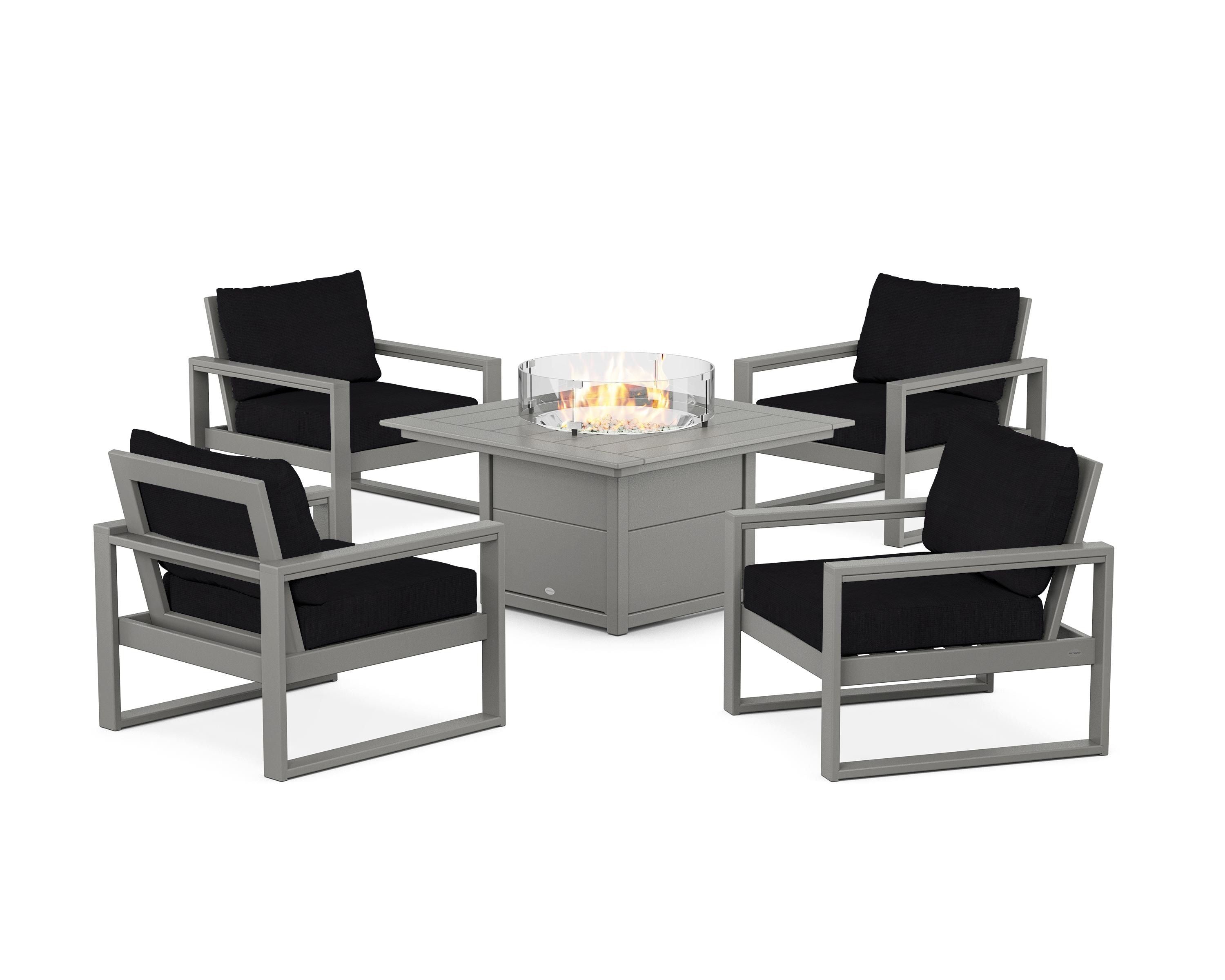 POLYWOOD® EDGE Sectional 5-Piece Deep Seating Set with Fire Pit Table in Slate Grey / Midnight Linen