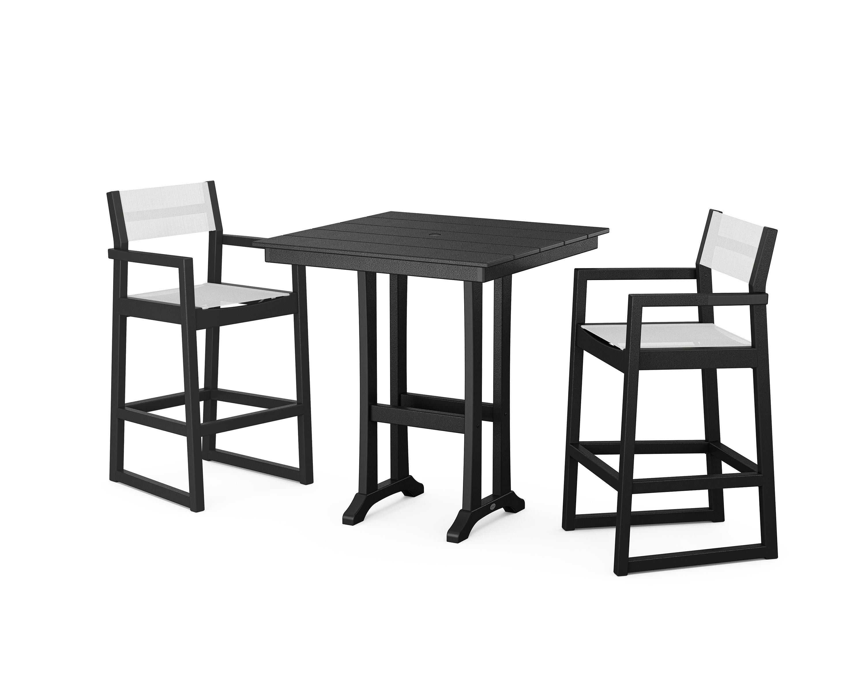 POLYWOOD® EDGE Sling Arm Chair 3-Piece Farmhouse Bar Set with Trestle Legs in Black / White Sling