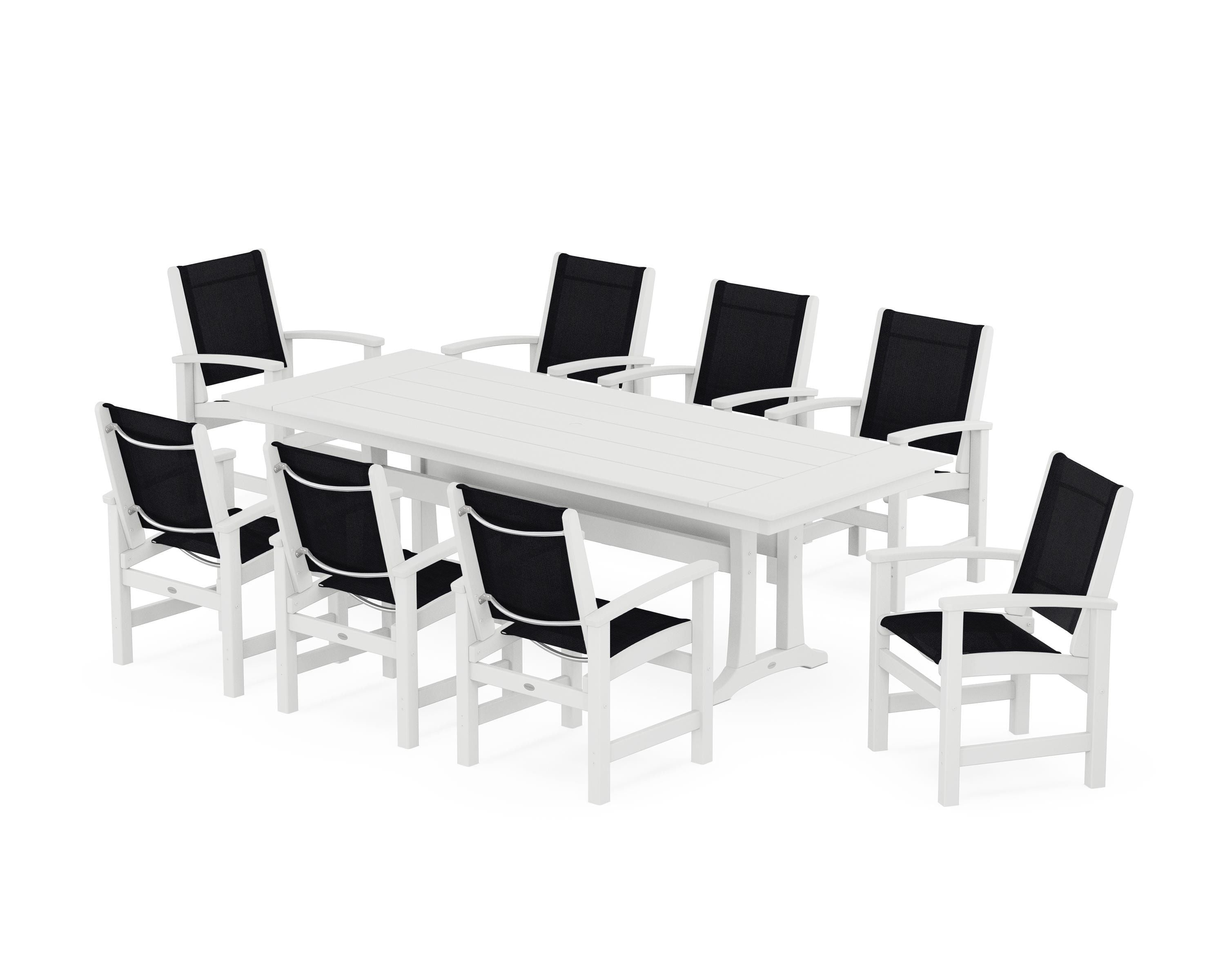 POLYWOOD® Coastal 9-Piece Farmhouse Dining Set with Trestle Legs in White / Black Sling