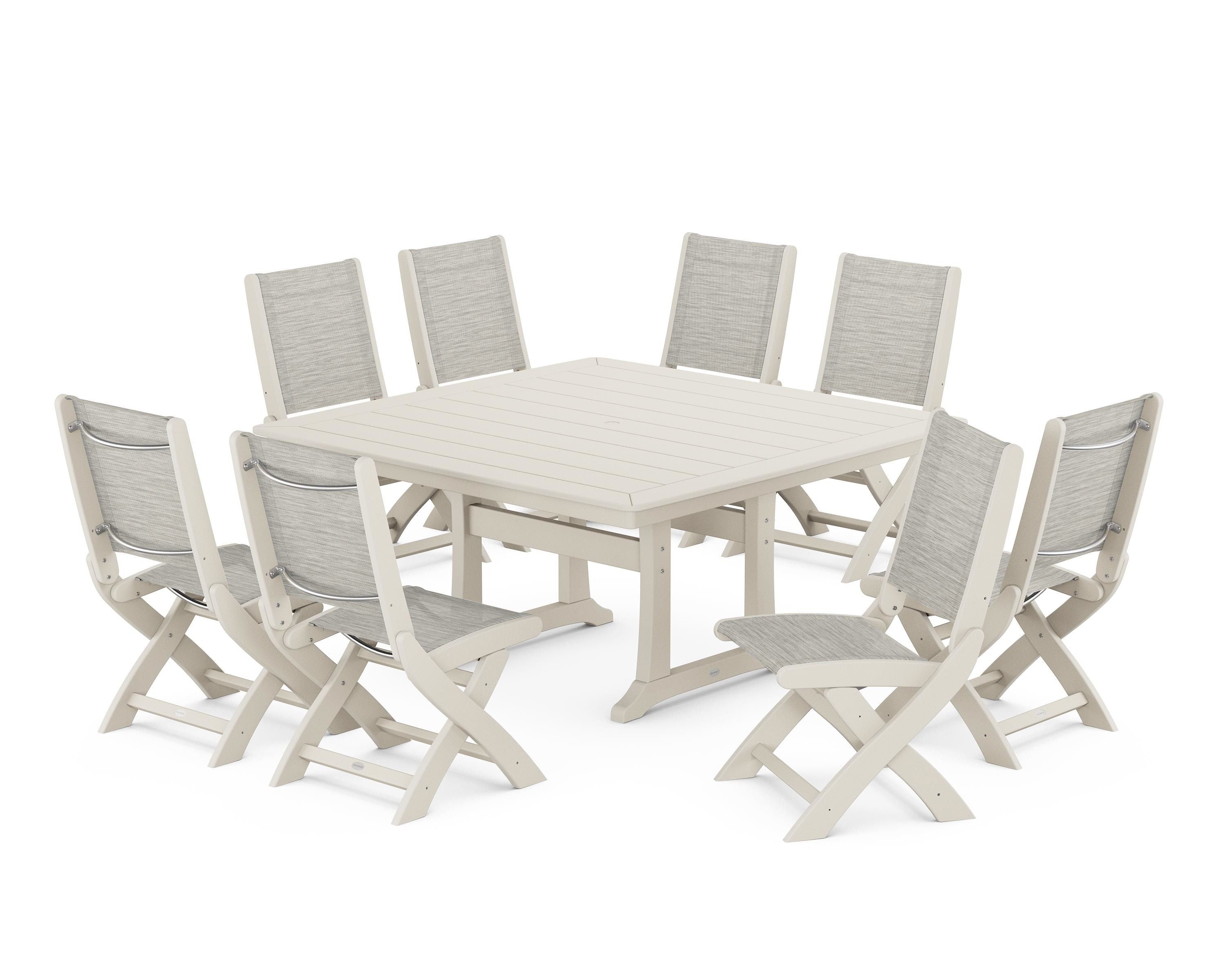 POLYWOOD® Coastal Folding Side Chair 9-Piece Dining Set with Trestle Legs in Sand / Birch Sling