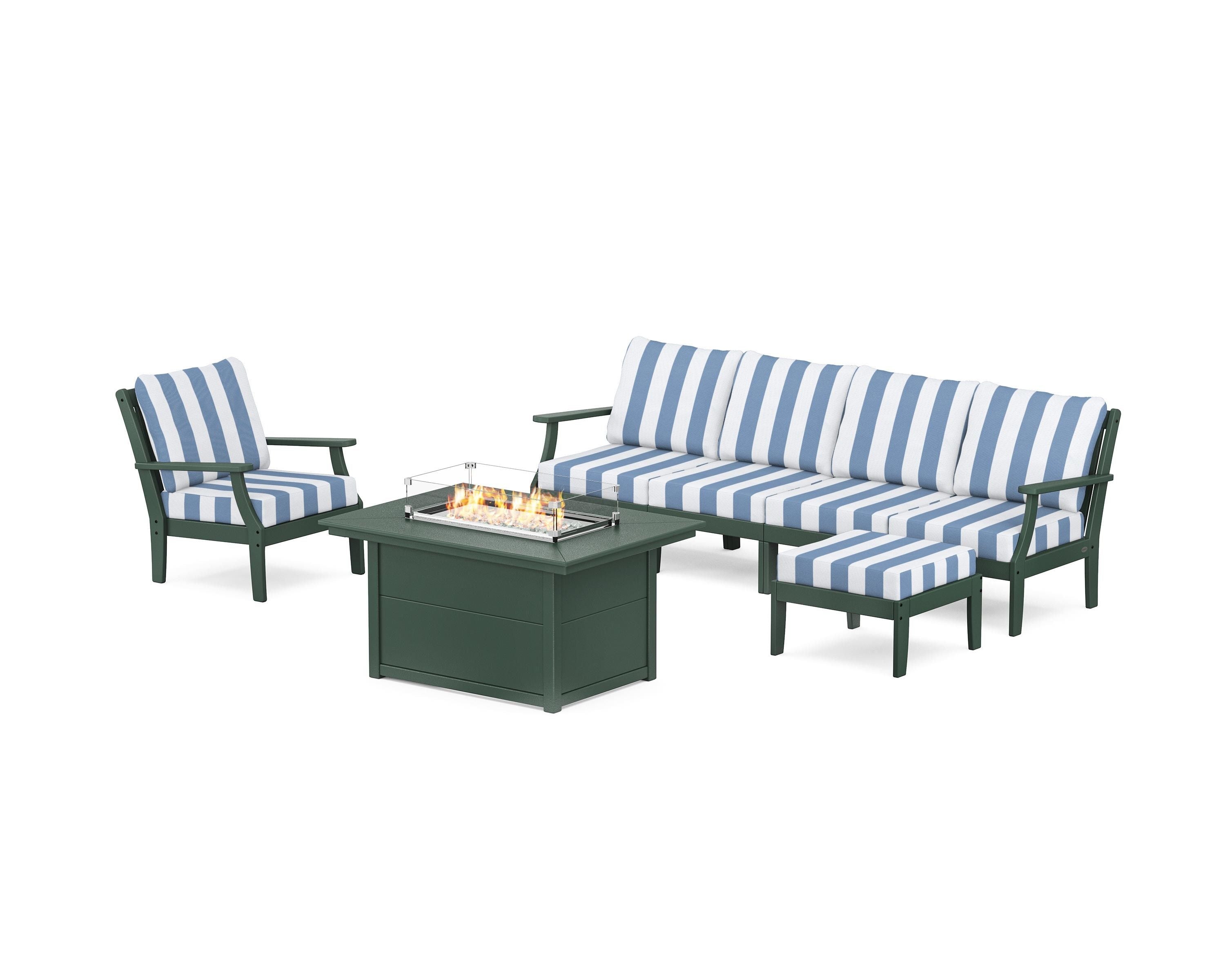 POLYWOOD® Braxton Sectional Lounge and Fire Pit Set in Green / Cabana Stripe Sky Blue