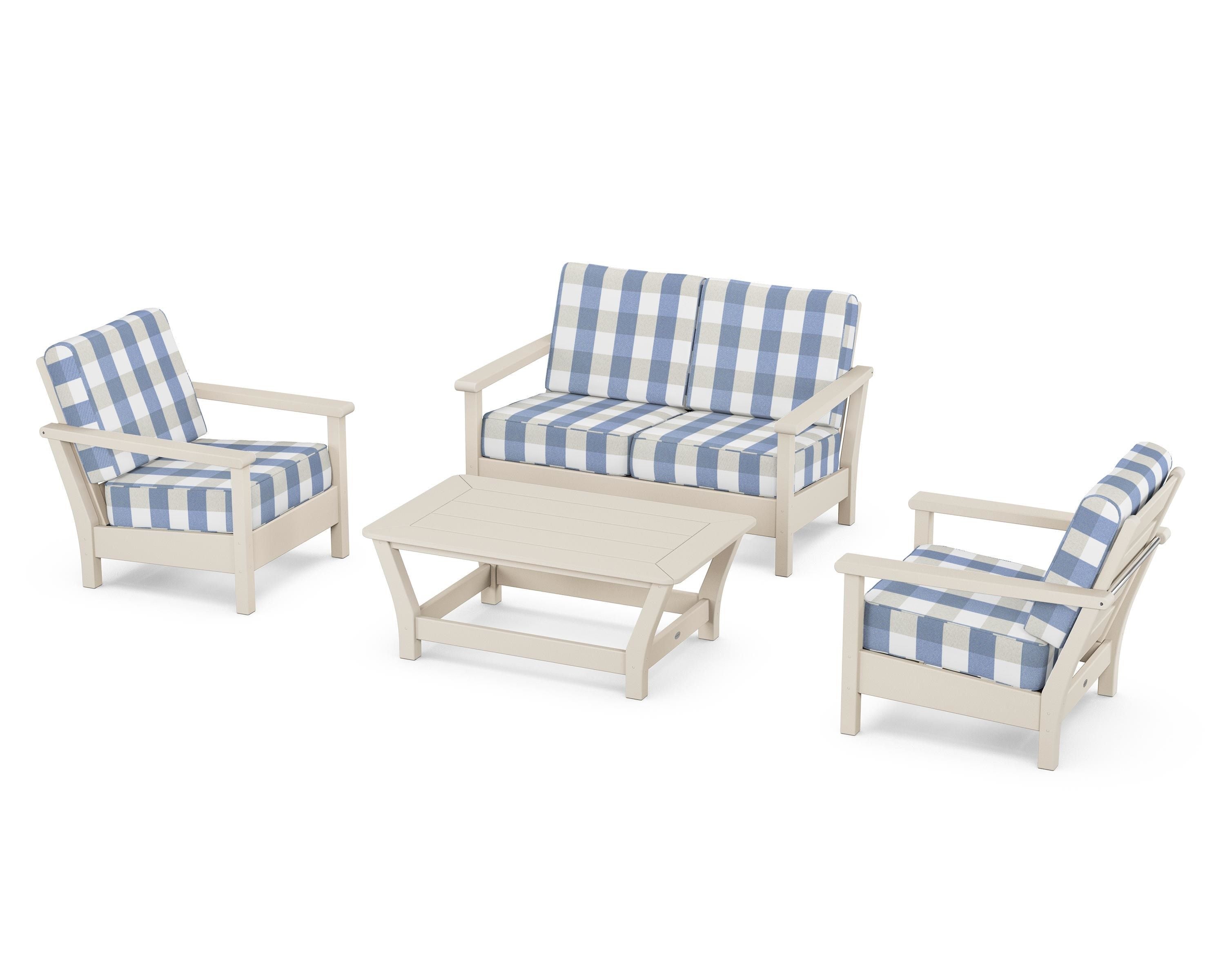 POLYWOOD® Harbour 4-Piece Deep Seating Set in Sand / Buffalo Plaid Sky Blue