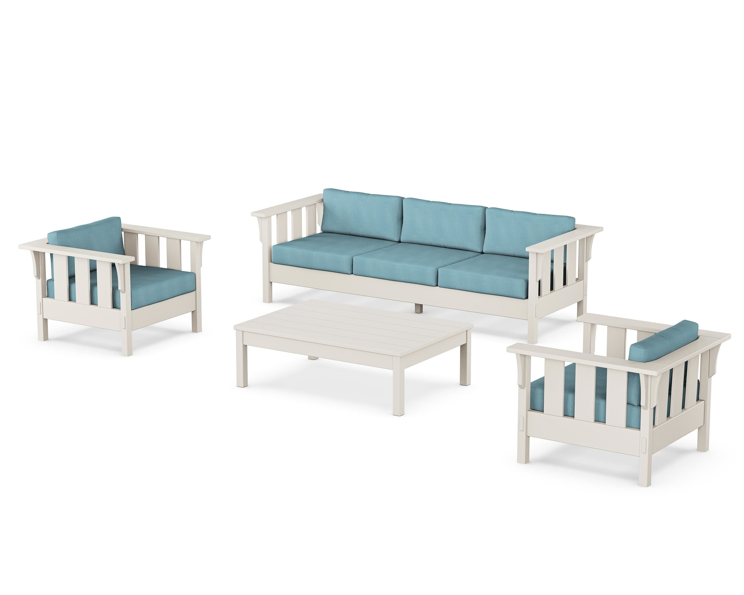 Martha Stewart by POLYWOOD® Acadia 4-Piece Deep Seating Set with Sofa in Sand / Lattice Sky Blue