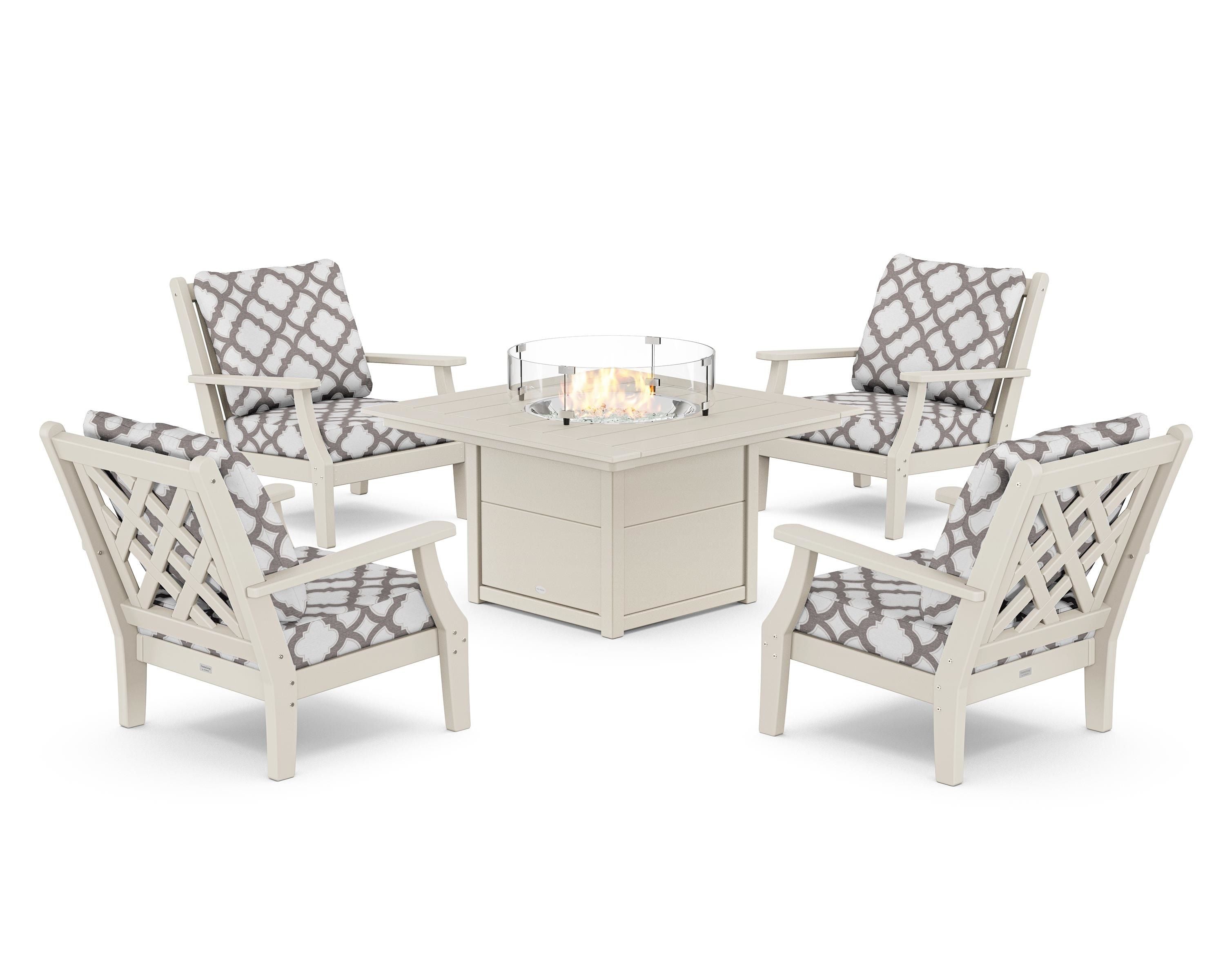 Country Living Wovendale 5-Piece Deep Seating Set with Fire Pit Table in Sand / Trellis Grey Mist