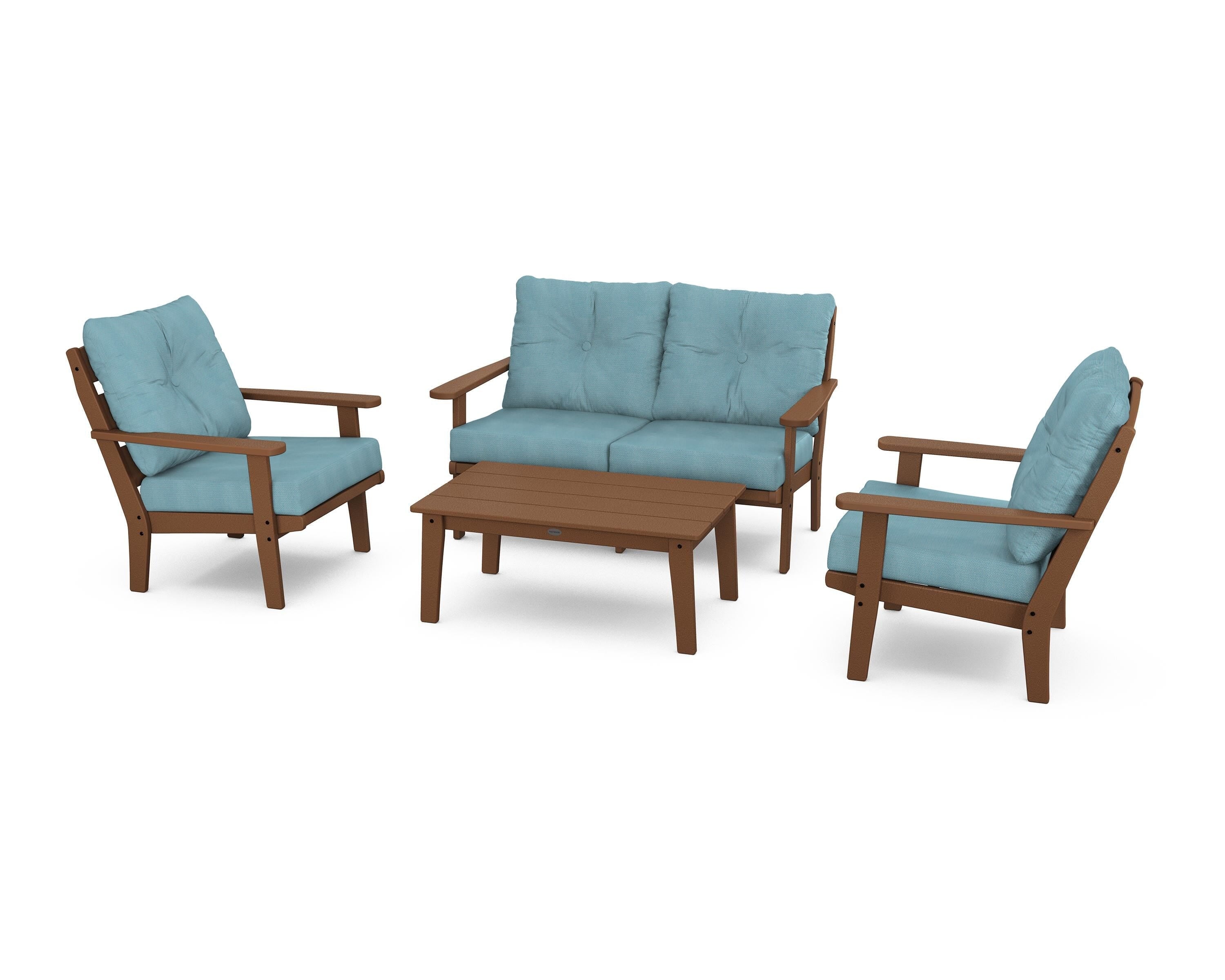 POLYWOOD® Lakeside 4-Piece Deep Seating Set in Teak / Lattice Sky Blue