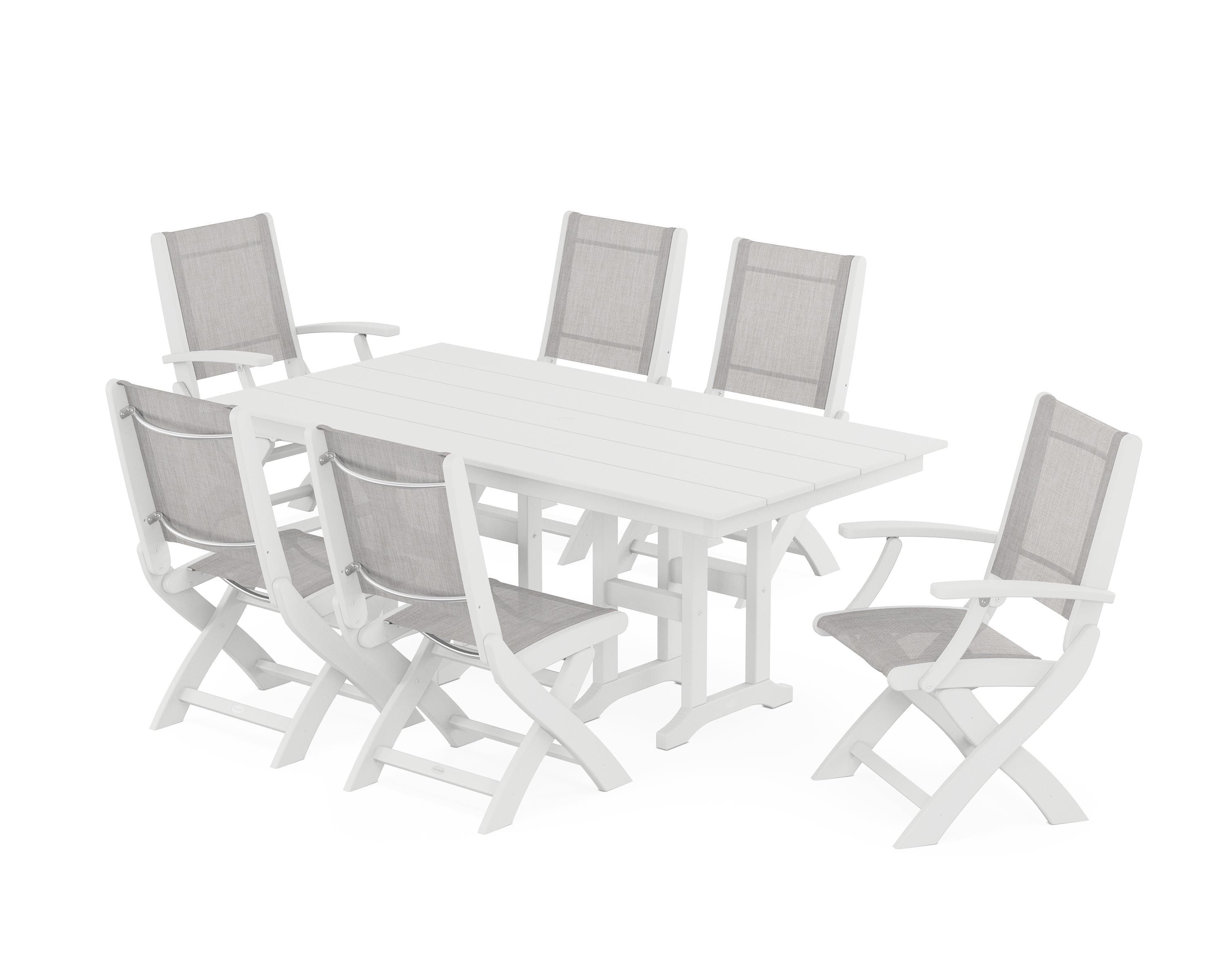 POLYWOOD® Coastal Folding Chair 7-Piece Farmhouse Dining Set in White / Parchment Sling