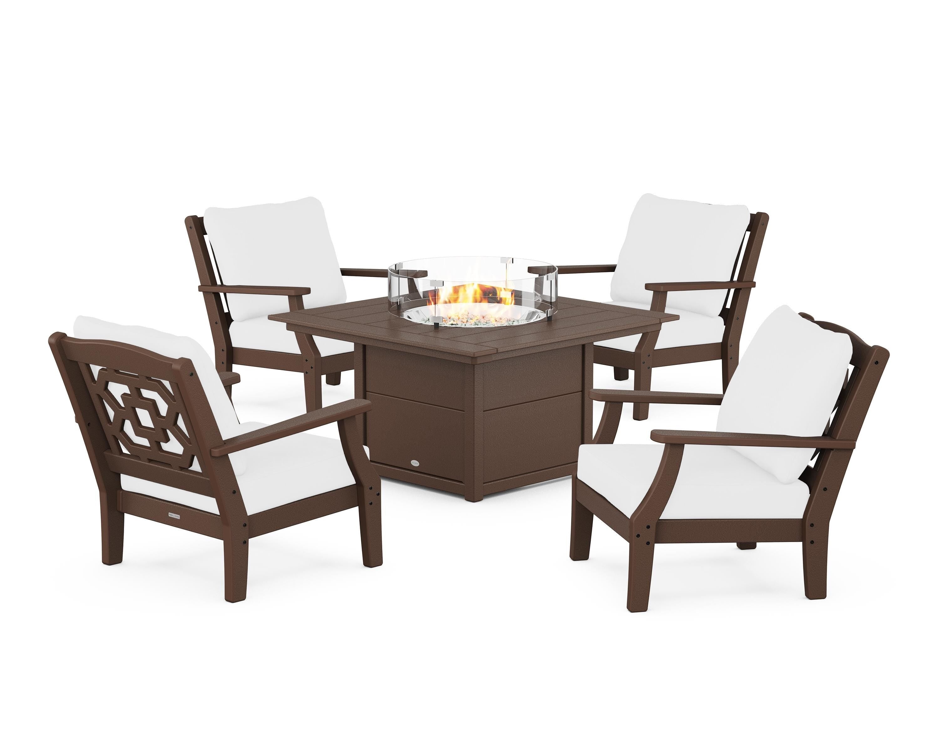 Martha Stewart by POLYWOOD® Chinoiserie 5-Piece Deep Seating Set with Fire Pit Table in Mahogany / Natural