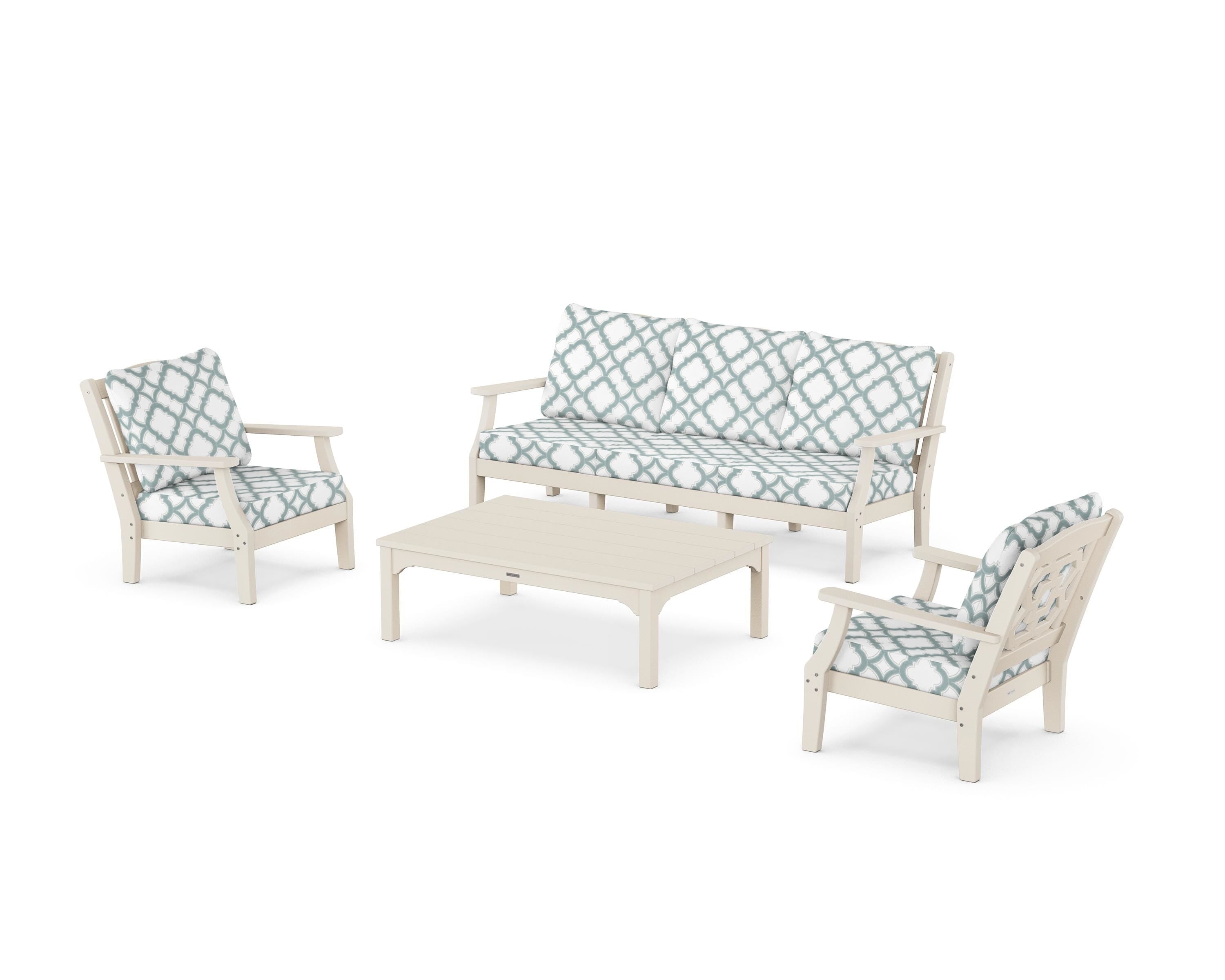 Martha Stewart by POLYWOOD® Chinoiserie 4-Piece Deep Seating Set with Sofa in Sand / Trellis Glacier Spa
