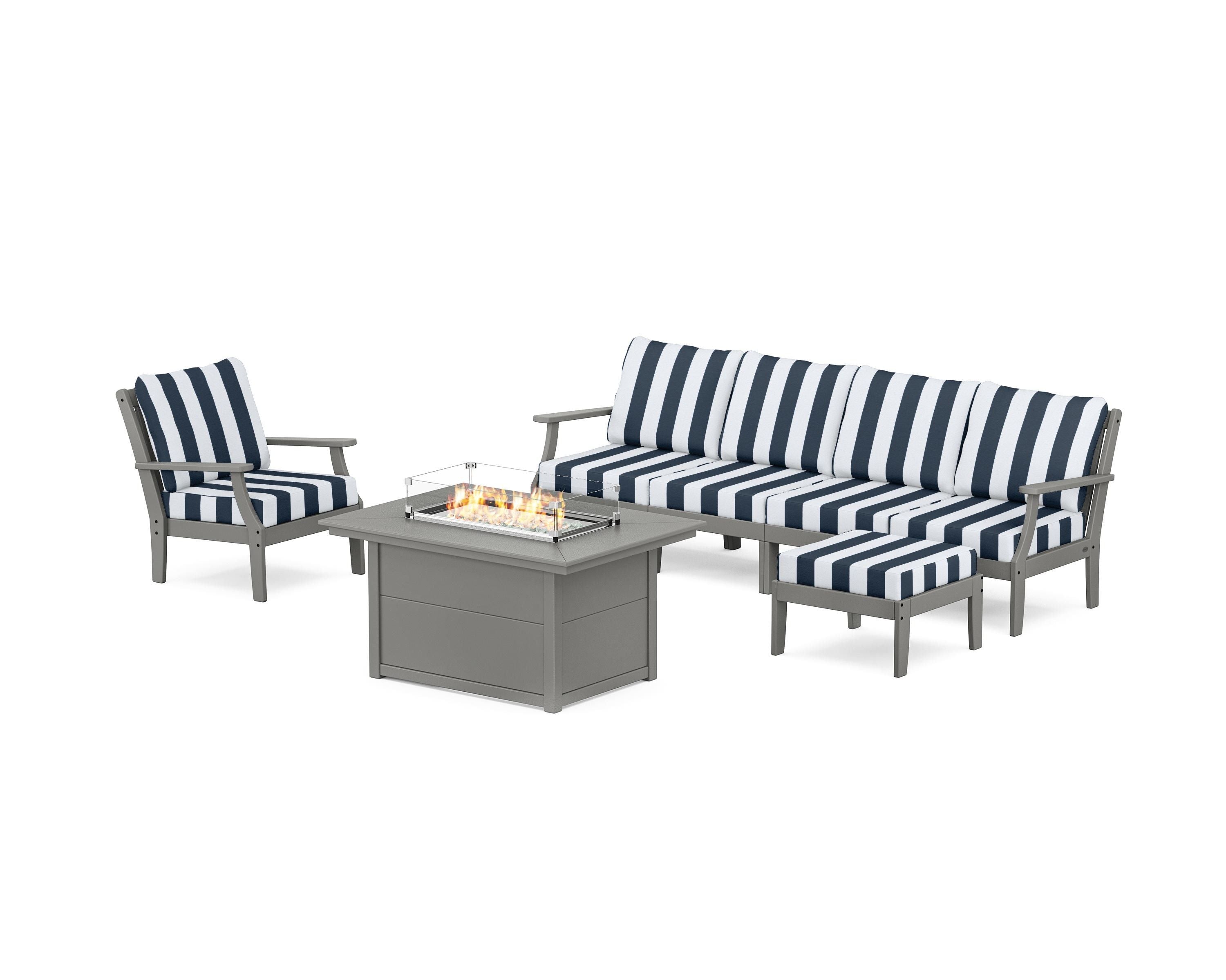 POLYWOOD® Braxton Sectional Lounge and Fire Pit Set in Slate Grey / Cabana Stripe Marine Indigo