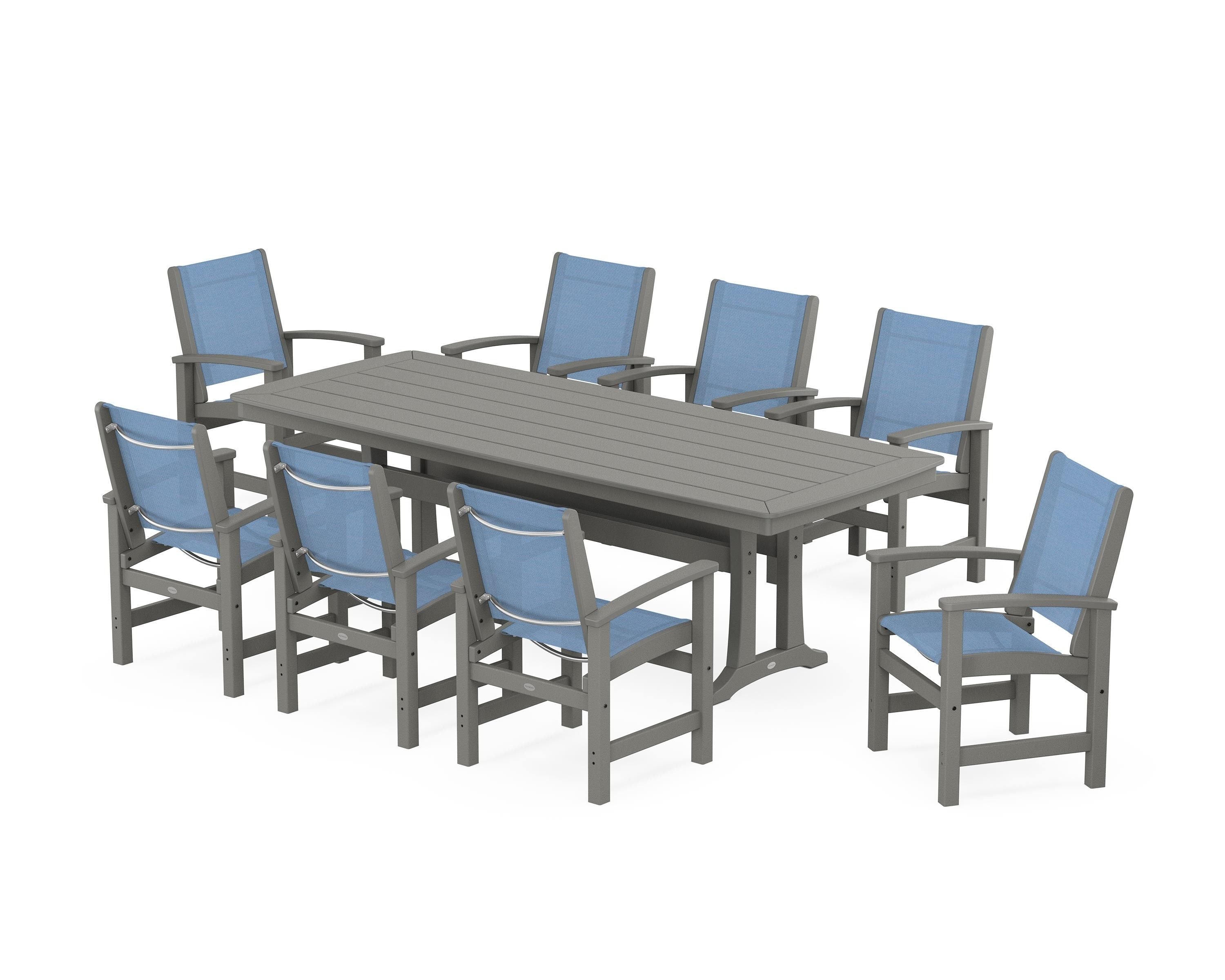 POLYWOOD® Coastal 9-Piece Dining Set with Trestle Legs in Slate Grey / Poolside Sling
