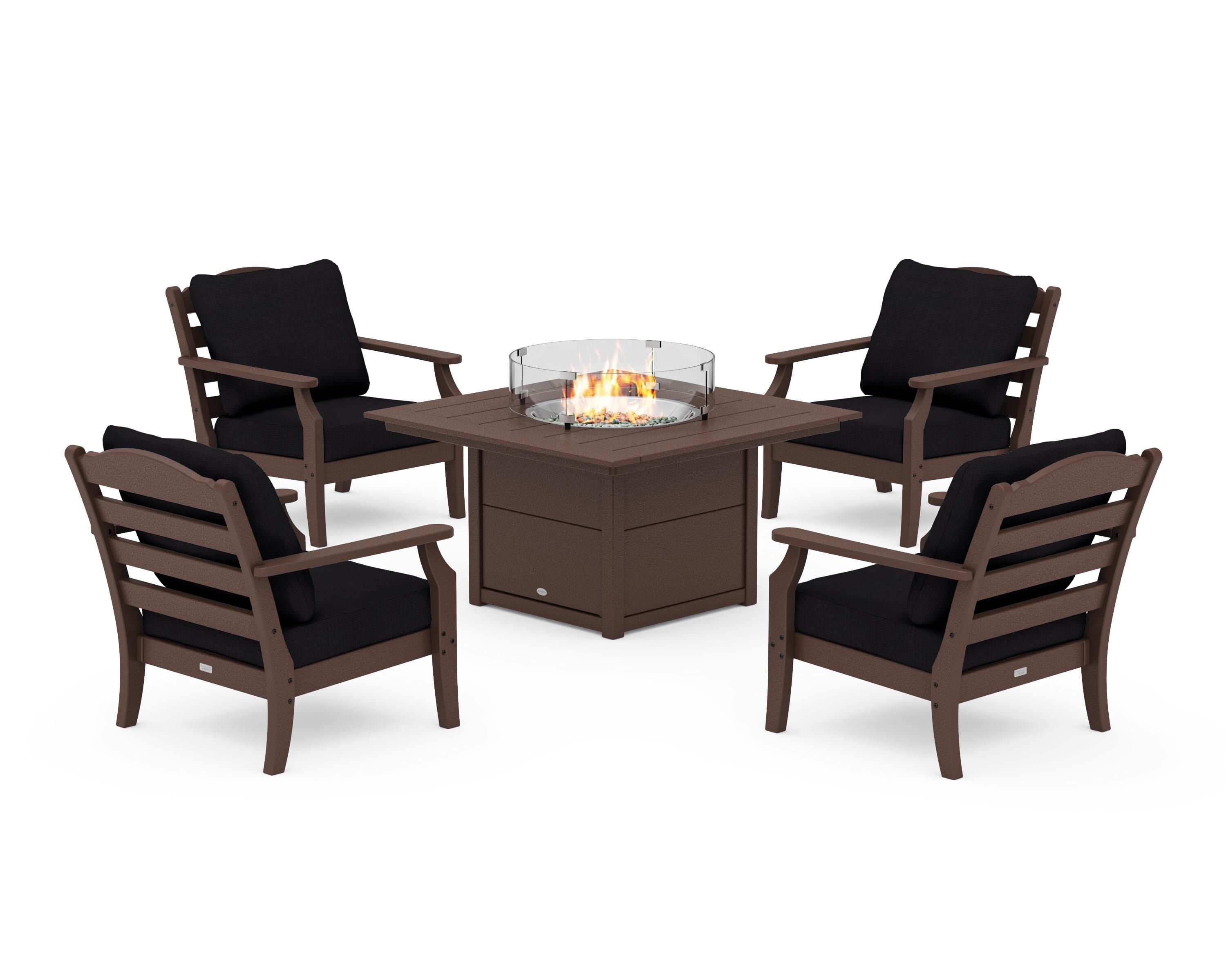 Draper James™ by POLYWOOD® Savannah 5-Piece Deep Seating Set with Fire Pit Table in Mahogany / Midnight Linen