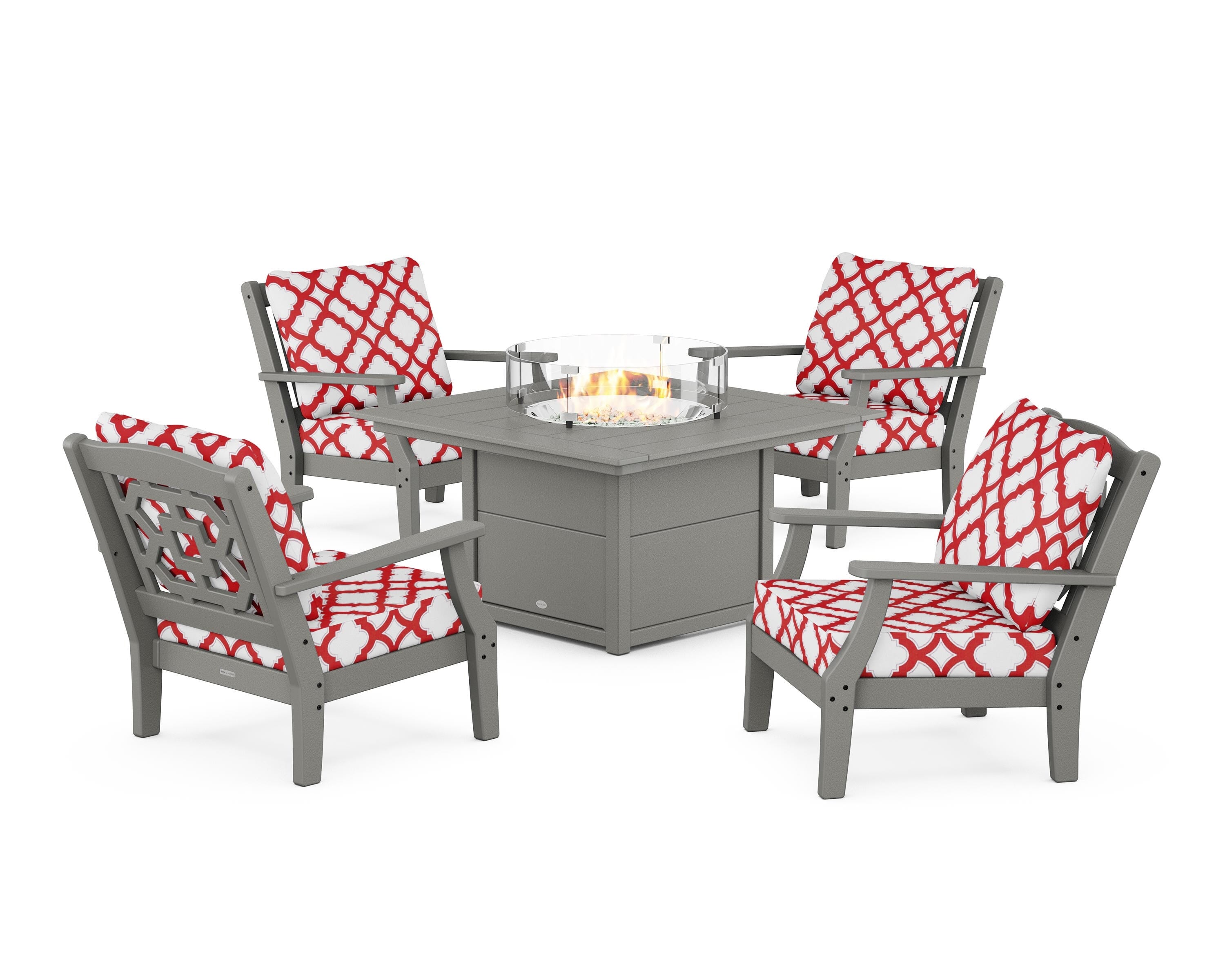 Martha Stewart by POLYWOOD® Chinoiserie 5-Piece Deep Seating Set with Fire Pit Table in Slate Grey / Trellis Crimson