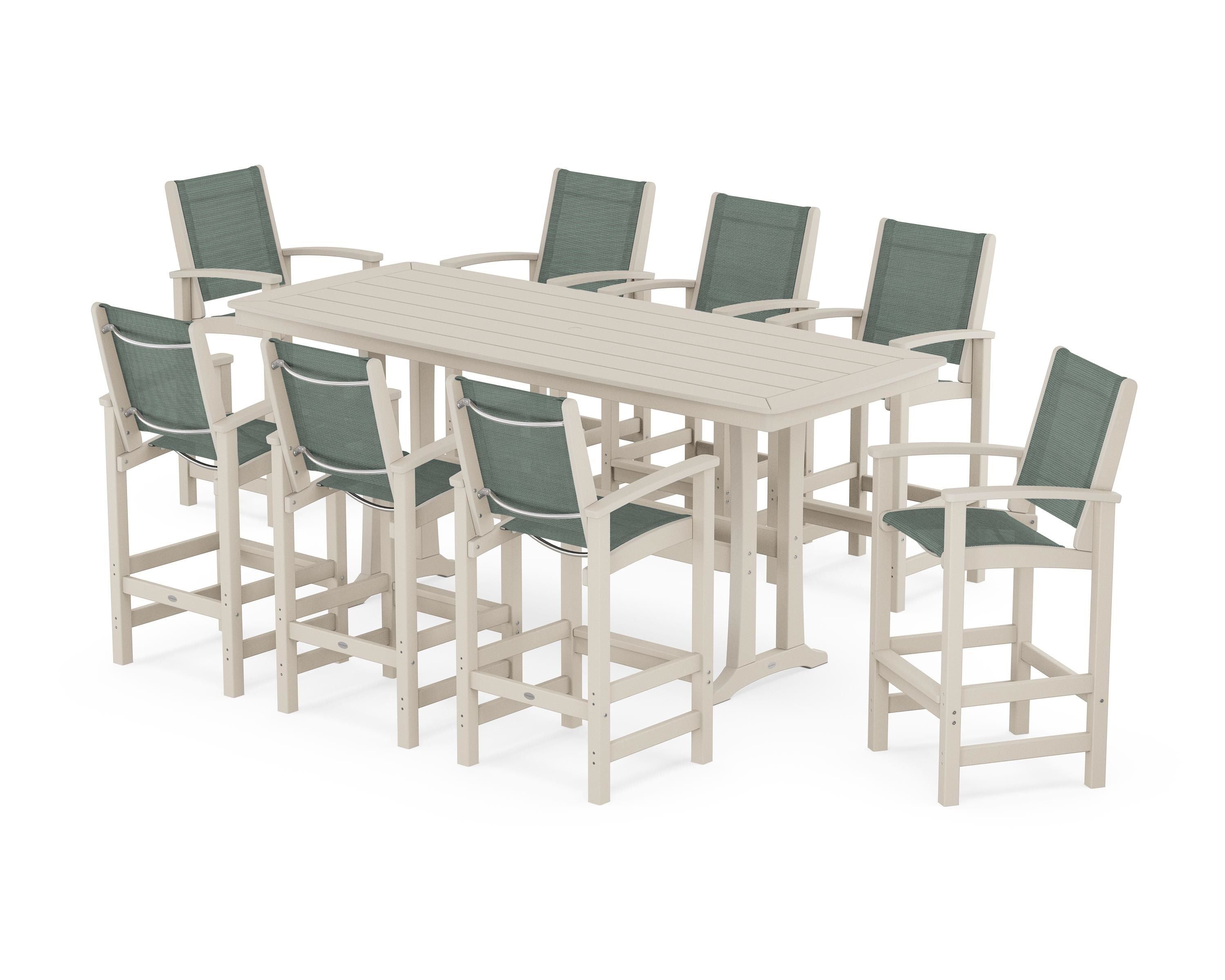 POLYWOOD® Coastal 9-Piece Bar Set with Trestle Legs in Sand / Dupioni Sea Mist Sling