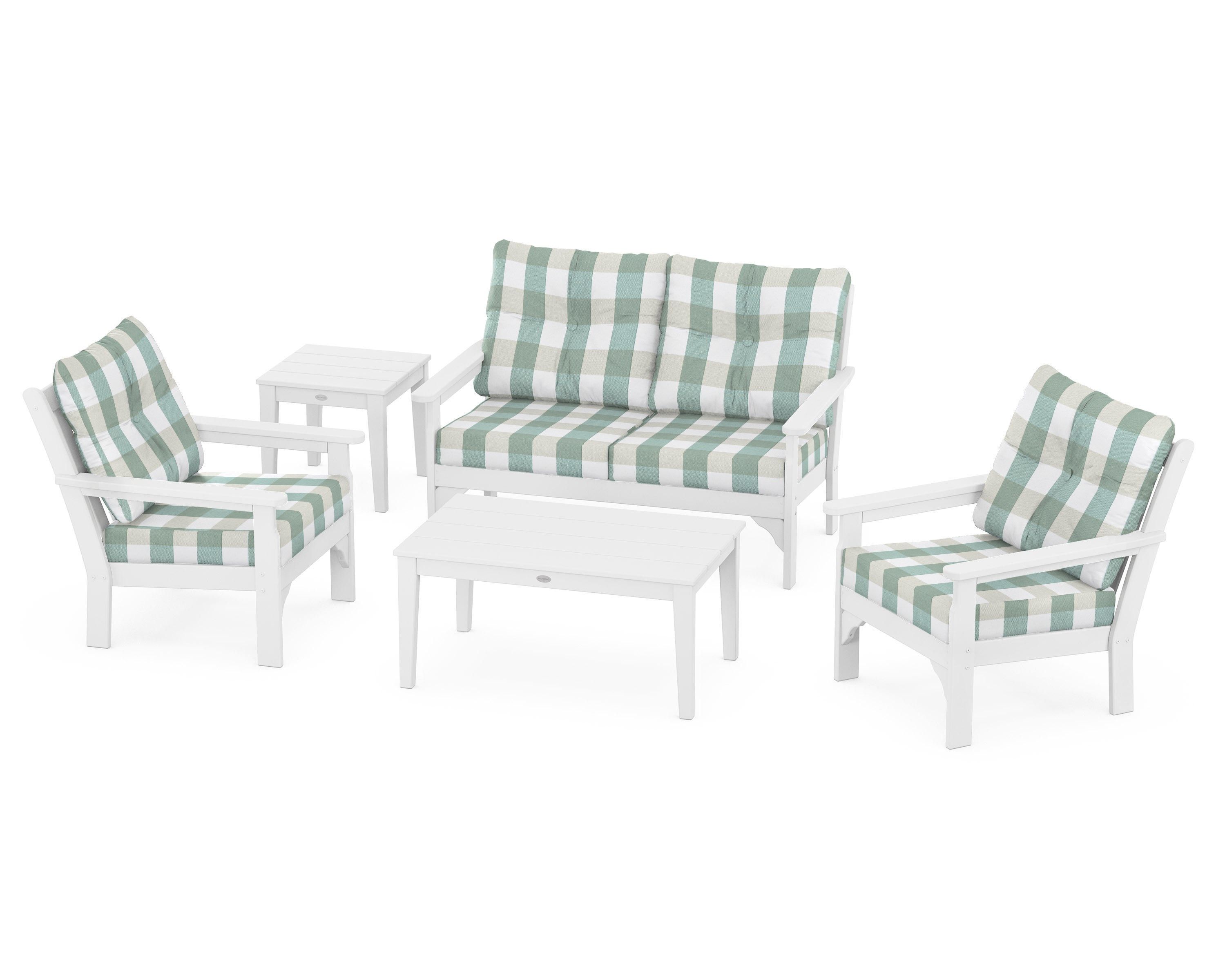 POLYWOOD® Vineyard 5-Piece Deep Seating Set in White / Buffalo Plaid Glacier Spa