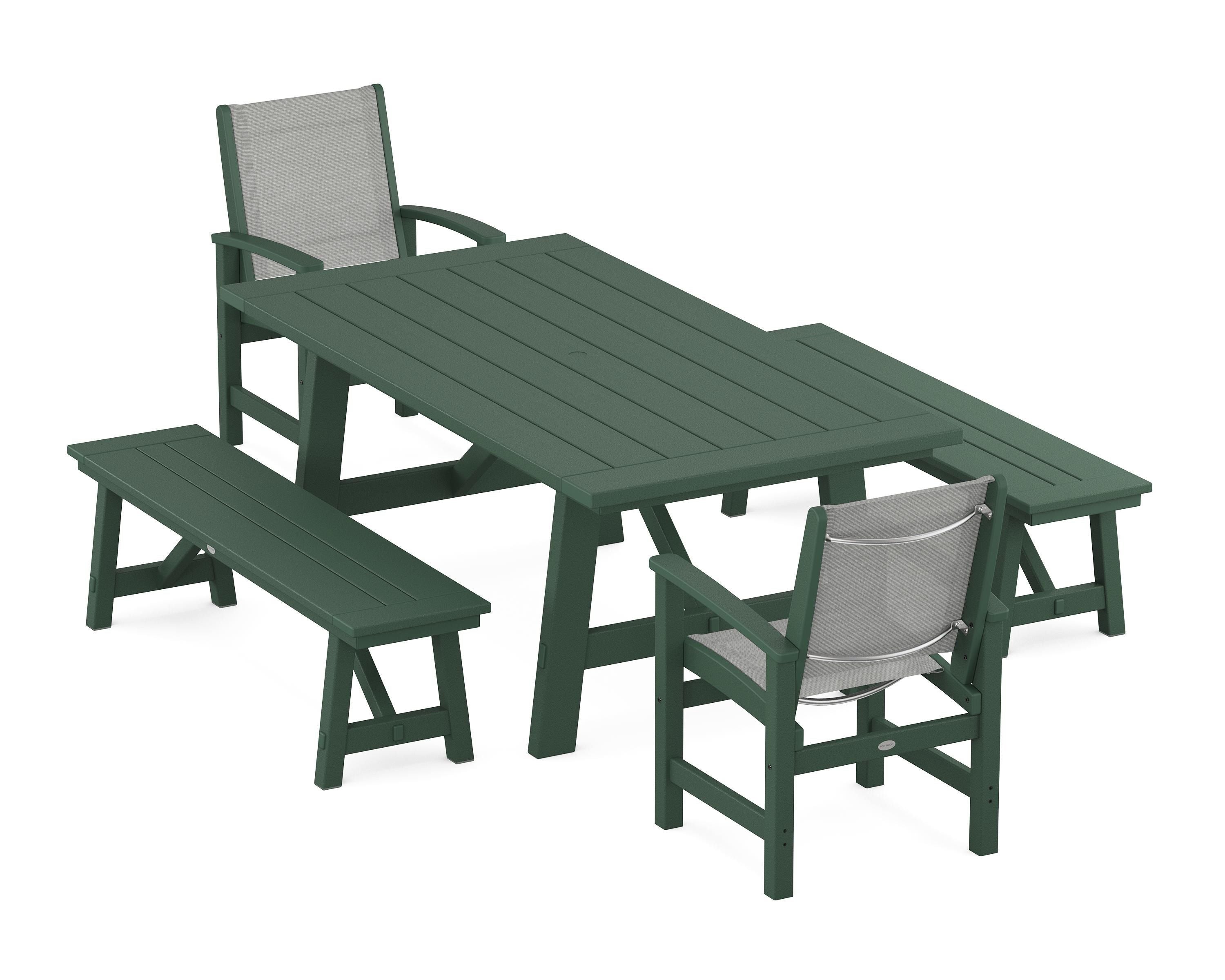 POLYWOOD® Coastal 5-Piece Rustic Farmhouse Dining Set With Benches in Green / Metallic Sling
