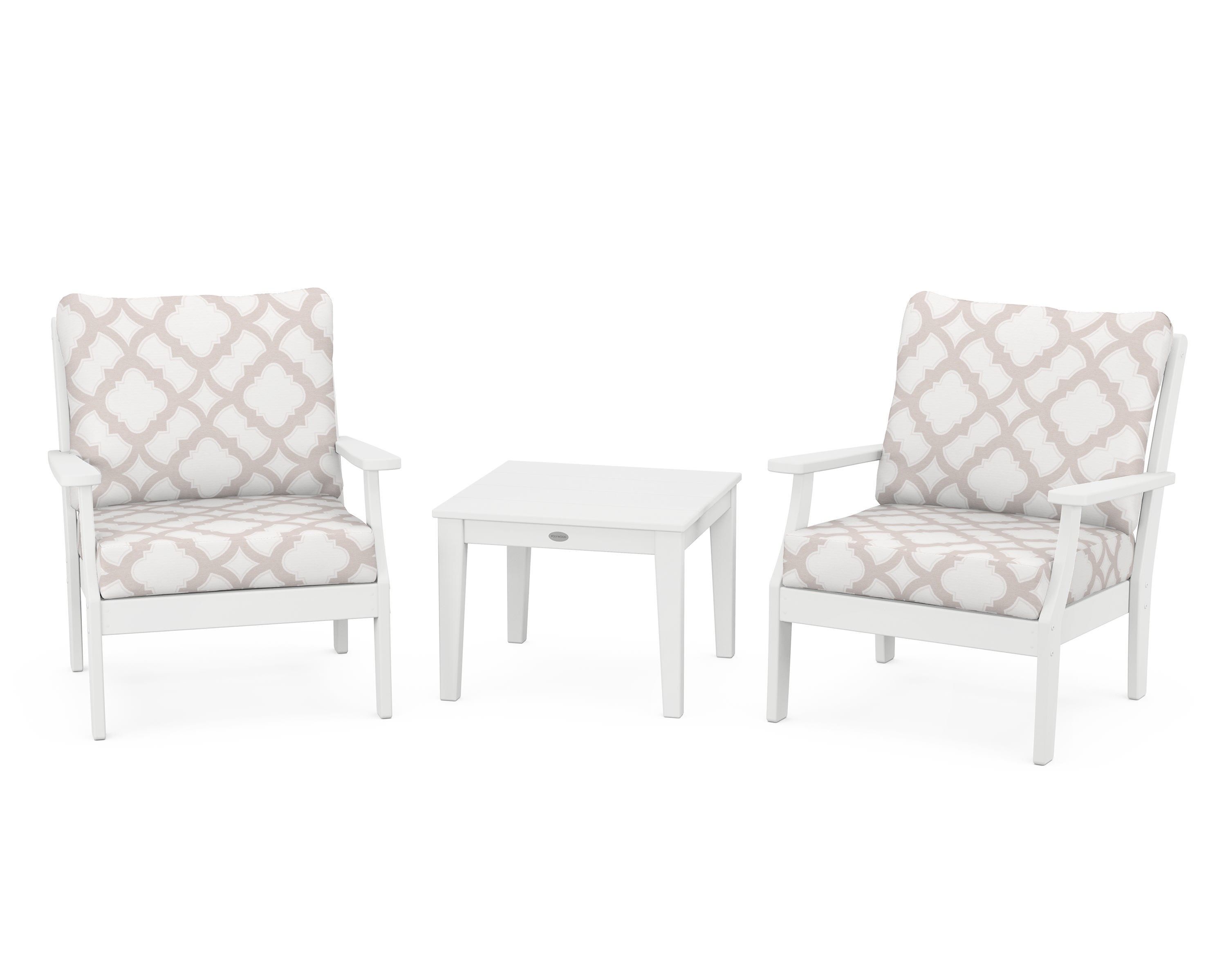 POLYWOOD® Braxton 3-Piece Deep Seating Set in White / Trellis Dune Burlap