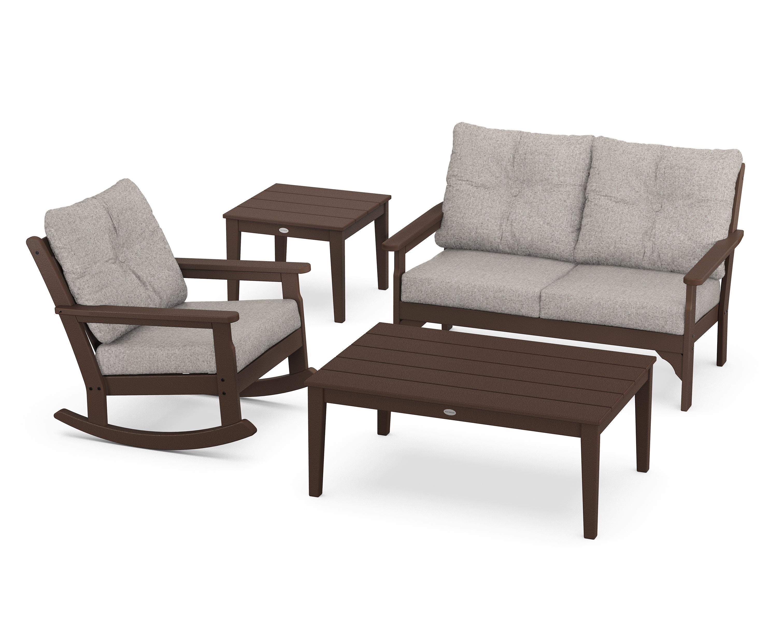 POLYWOOD® Vineyard 4-Piece Deep Seating Rocker Set in Mahogany / Weathered Tweed