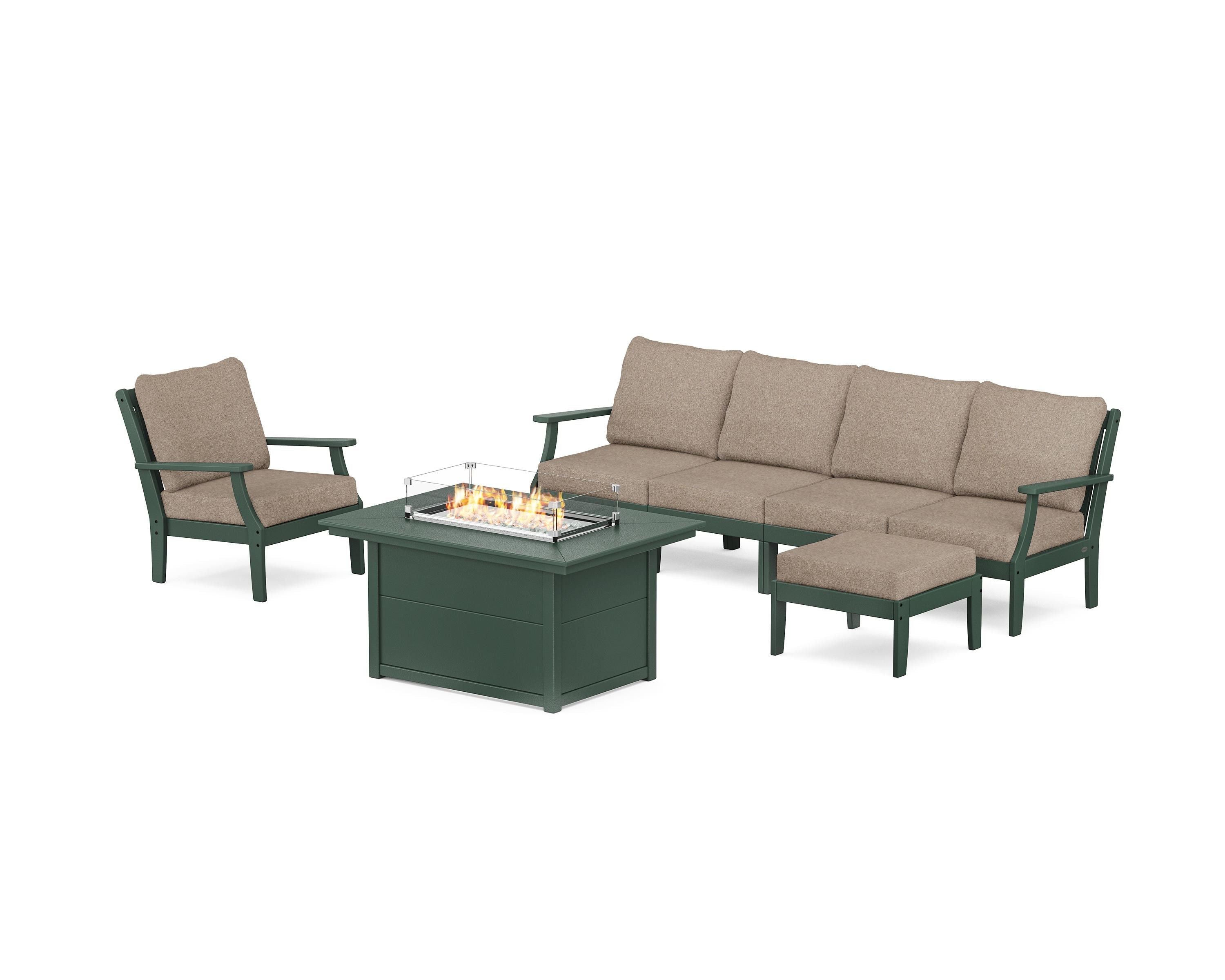 POLYWOOD® Braxton Sectional Lounge and Fire Pit Set in Green / Spiced Burlap