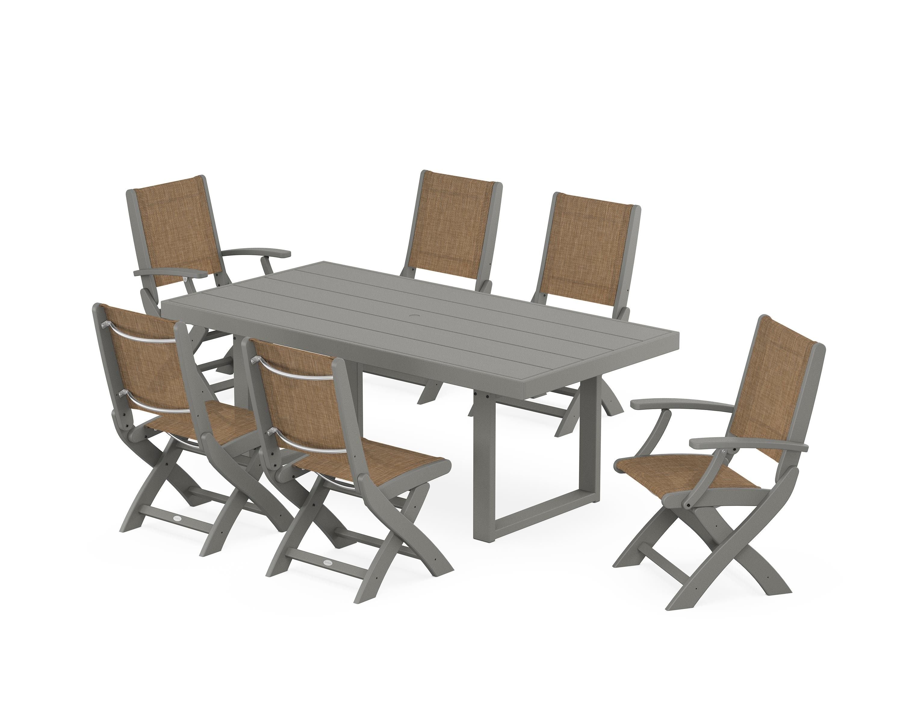 POLYWOOD® Coastal Folding Chair 7-Piece Dining Set with Trestle Legs in Slate Grey / Burlap Sling