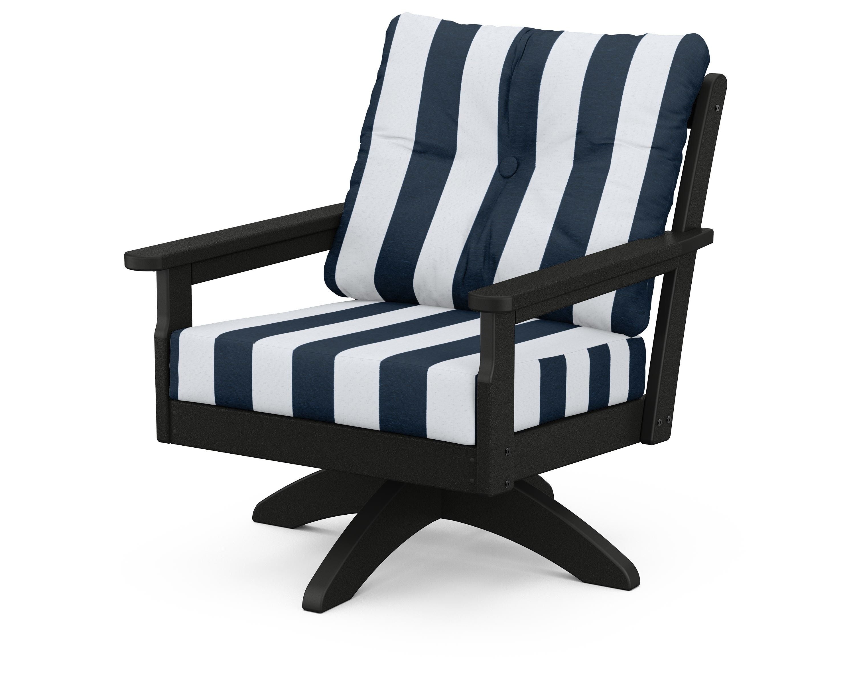 POLYWOOD® Vineyard Deep Seating Swivel Chair in Black / Cabana Stripe Marine Indigo