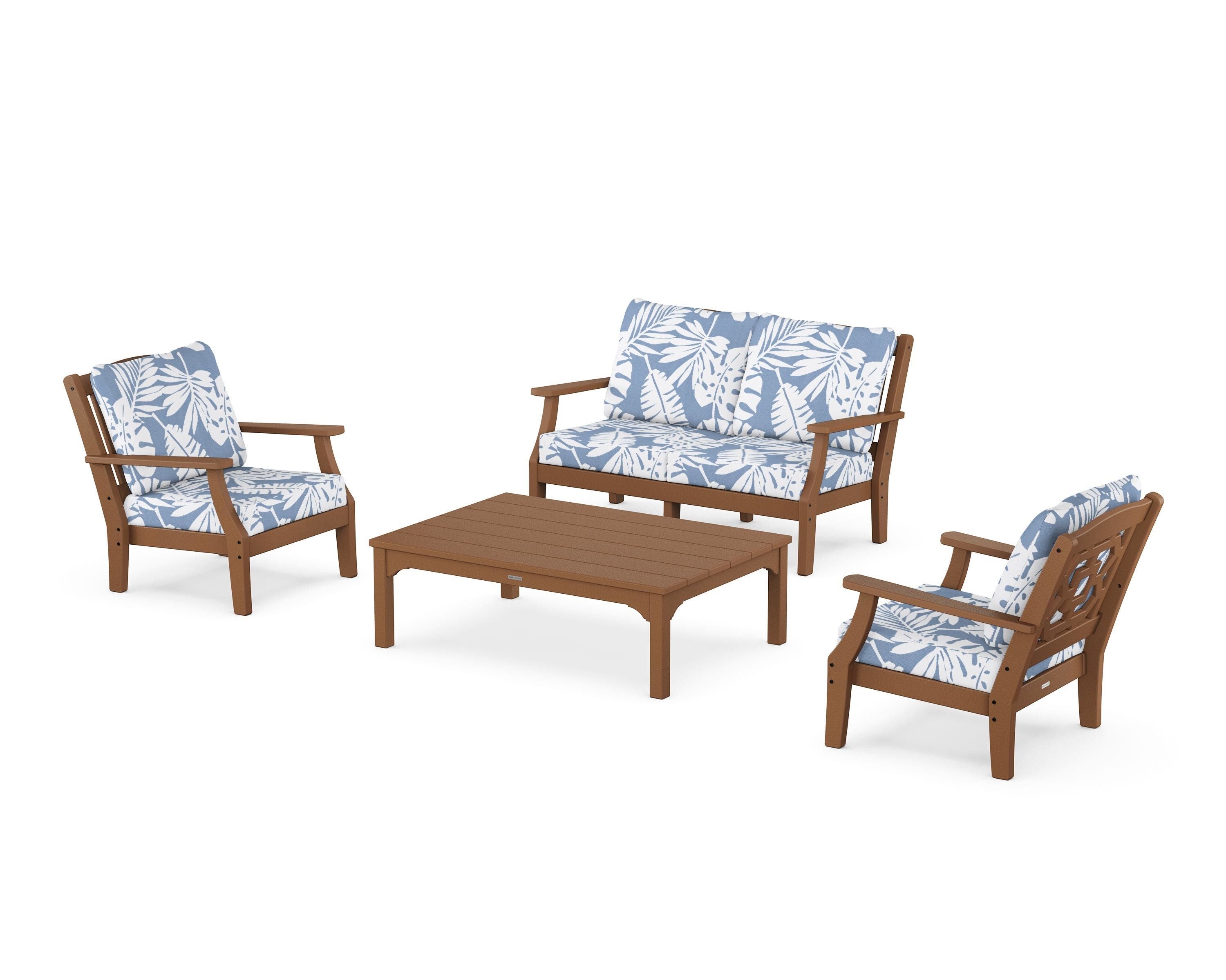 Martha Stewart by POLYWOOD® Chinoiserie 4-Piece Deep Seating Set with Loveseat in Teak / Leaf Sky Blue