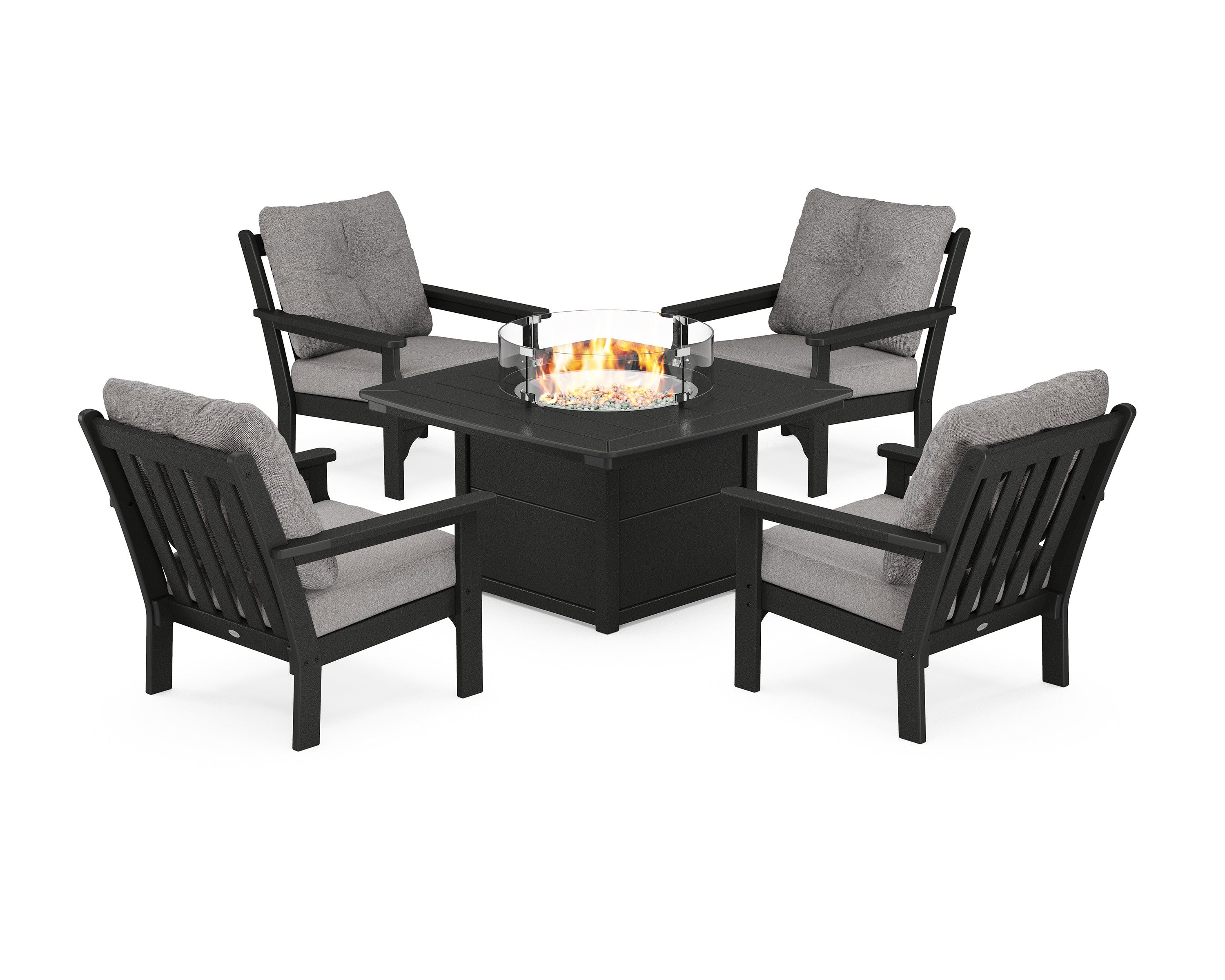 POLYWOOD® Vineyard 5-Piece Conversation Set with Fire Pit Table in Black / Grey Mist