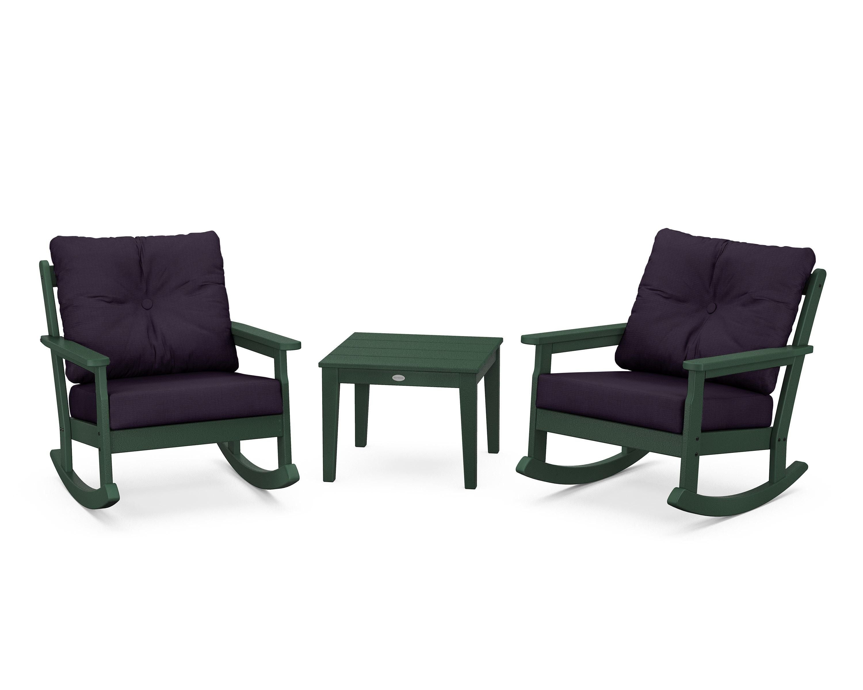 POLYWOOD® Vineyard 3-Piece Deep Seating Rocker Set in Green / Navy Linen
