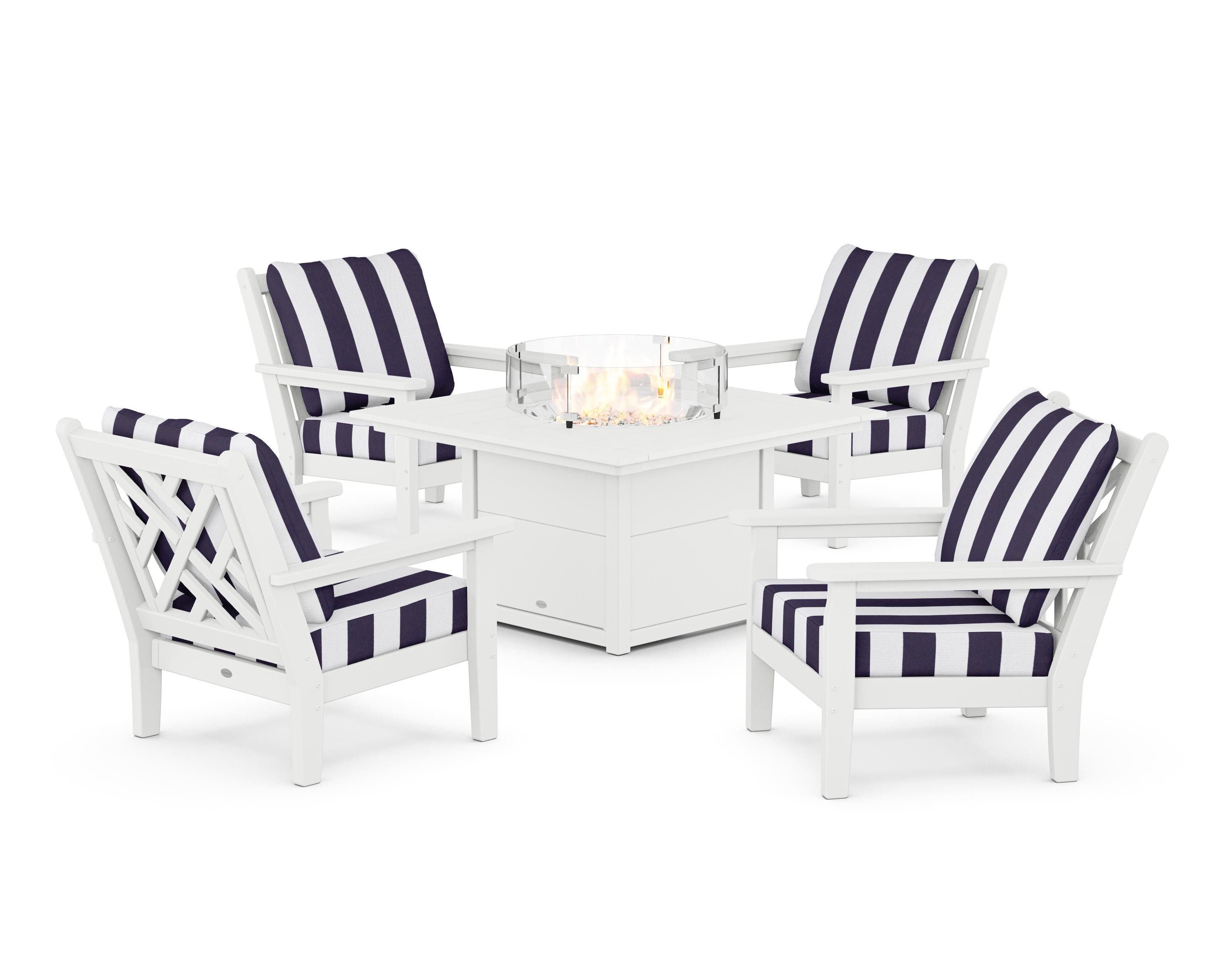 POLYWOOD® Chippendale 5-Piece Deep Seating Set with Fire Pit Table in White / Cabana Stripe Navy