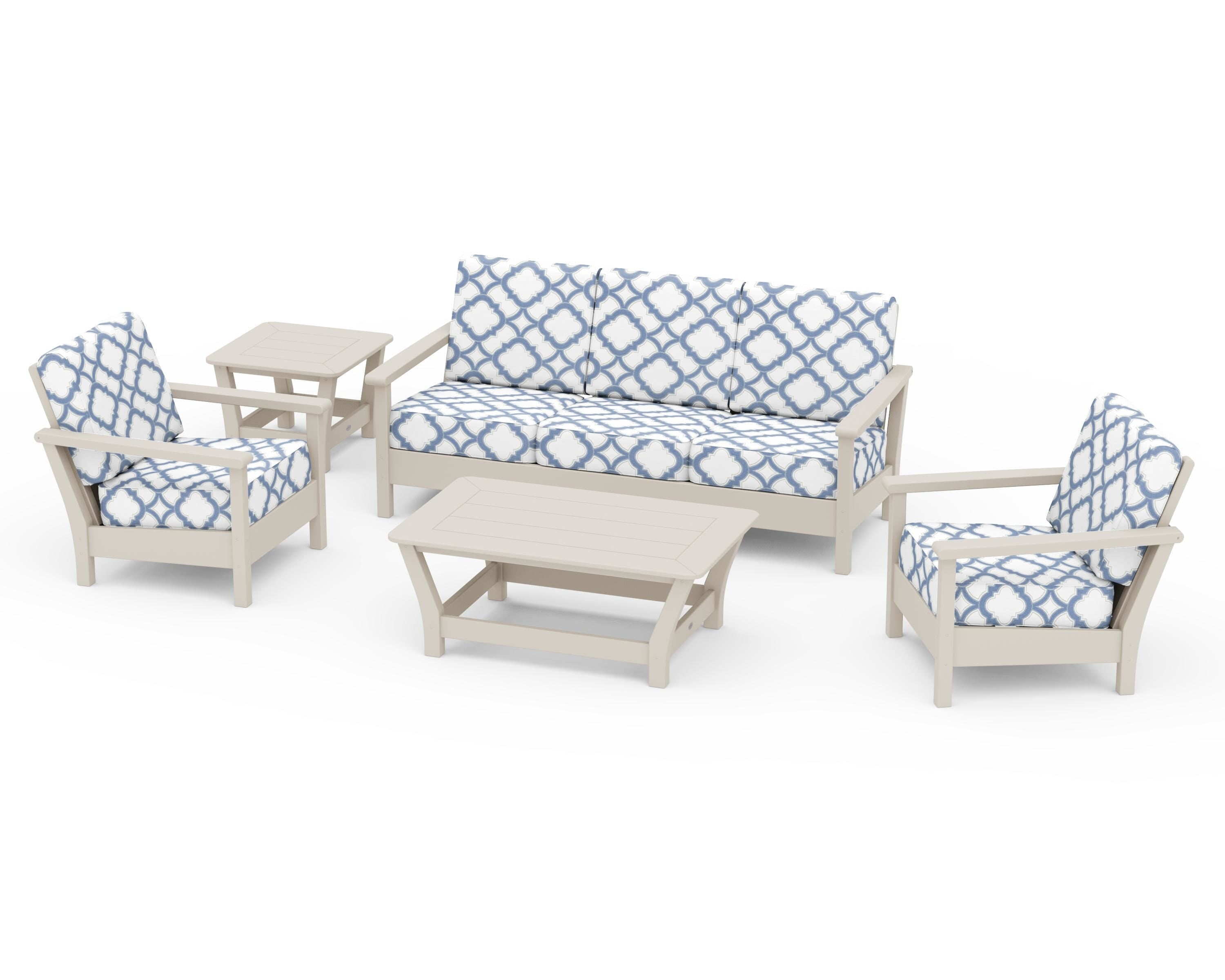 POLYWOOD® Harbour 5-Piece Deep Seating Set in Sand / Trellis Sky Blue
