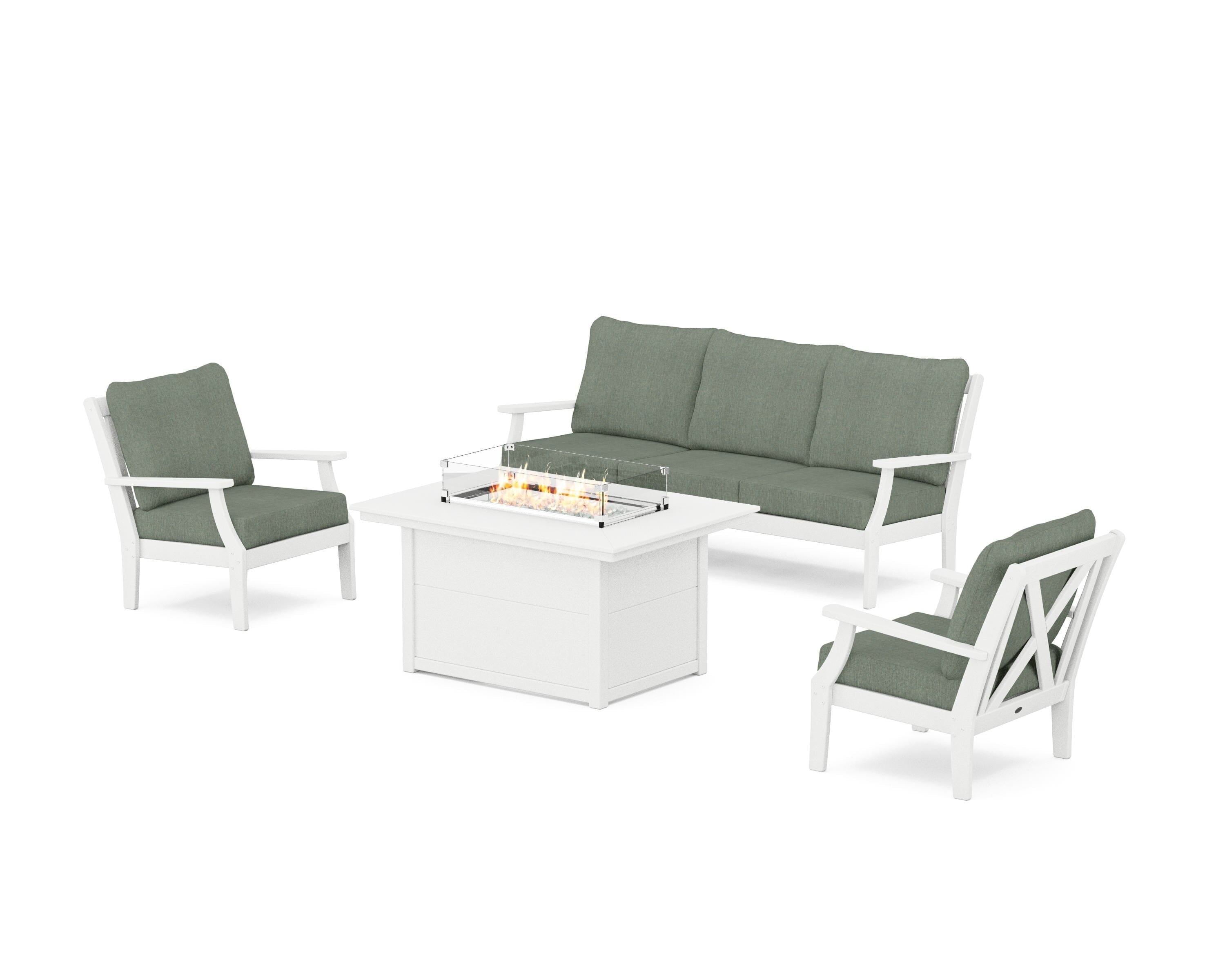 POLYWOOD® Braxton Deep Seating Fire Pit Table Set in White / Cast Sage