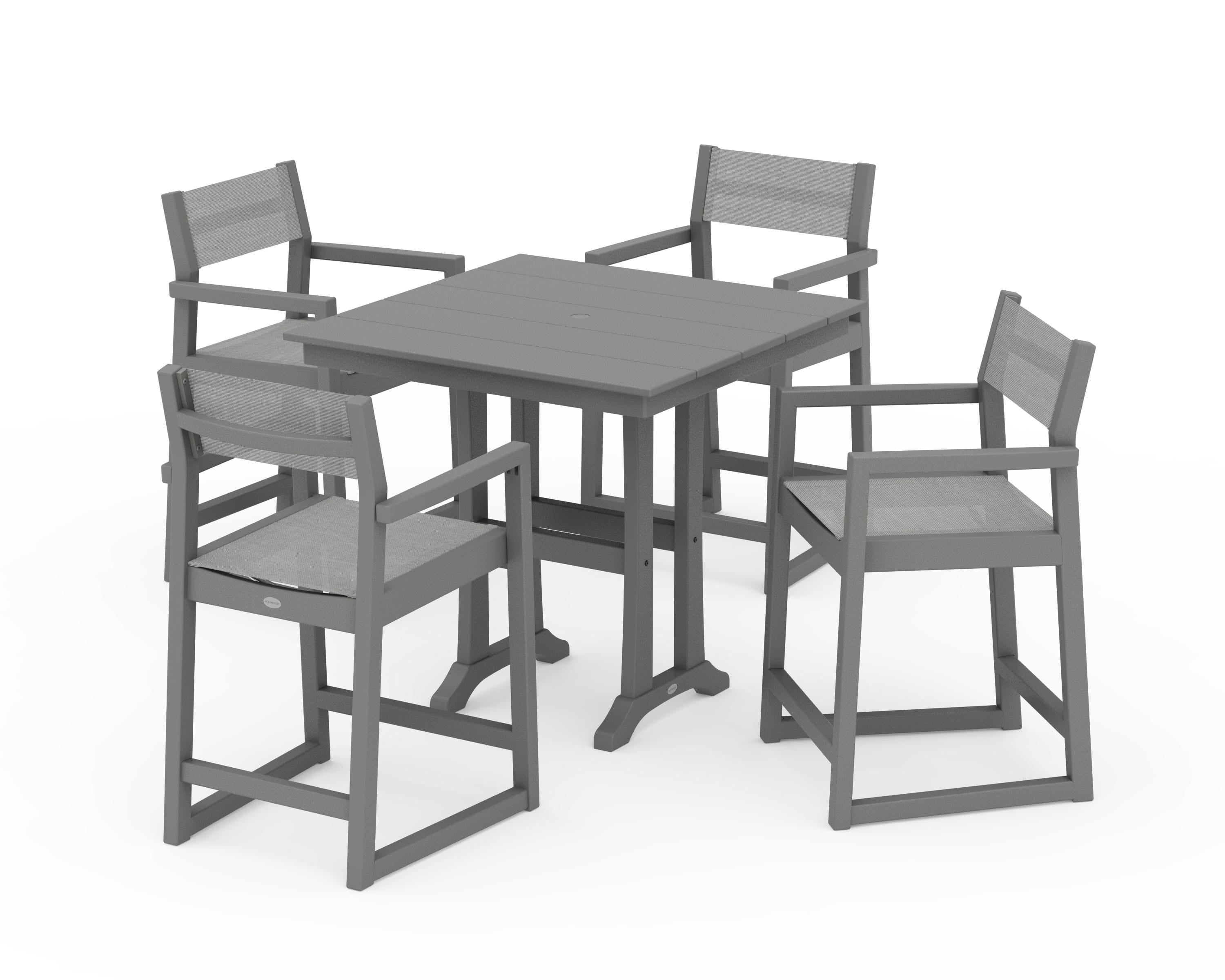 POLYWOOD® EDGE Sling Arm Chair 5-Piece Farmhouse Counter Set with Trestle Legs in Slate Grey / Metallic Sling