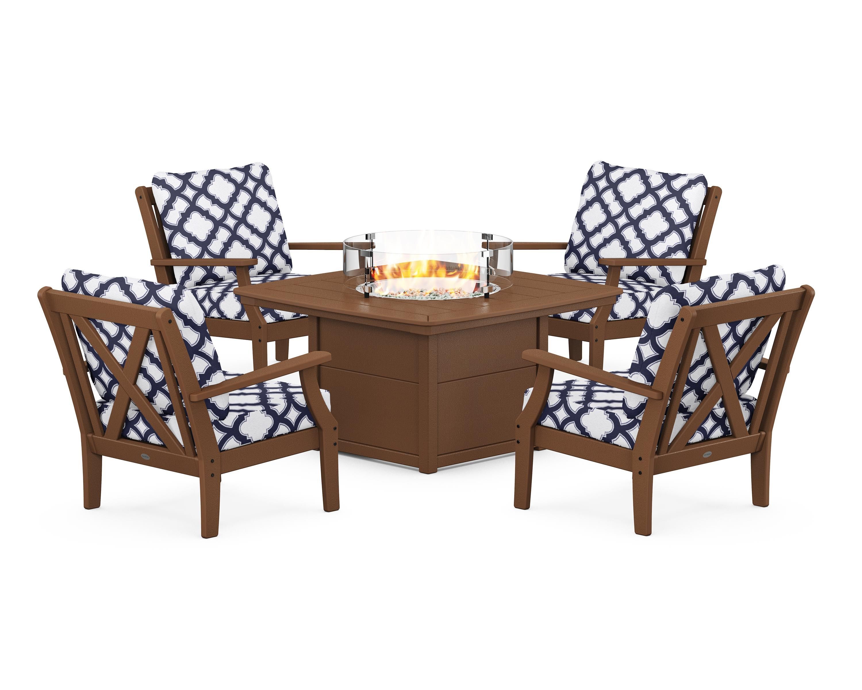 POLYWOOD® Braxton 5-Piece Deep Seating Conversation Set with Fire Pit Table in Teak / Trellis Navy