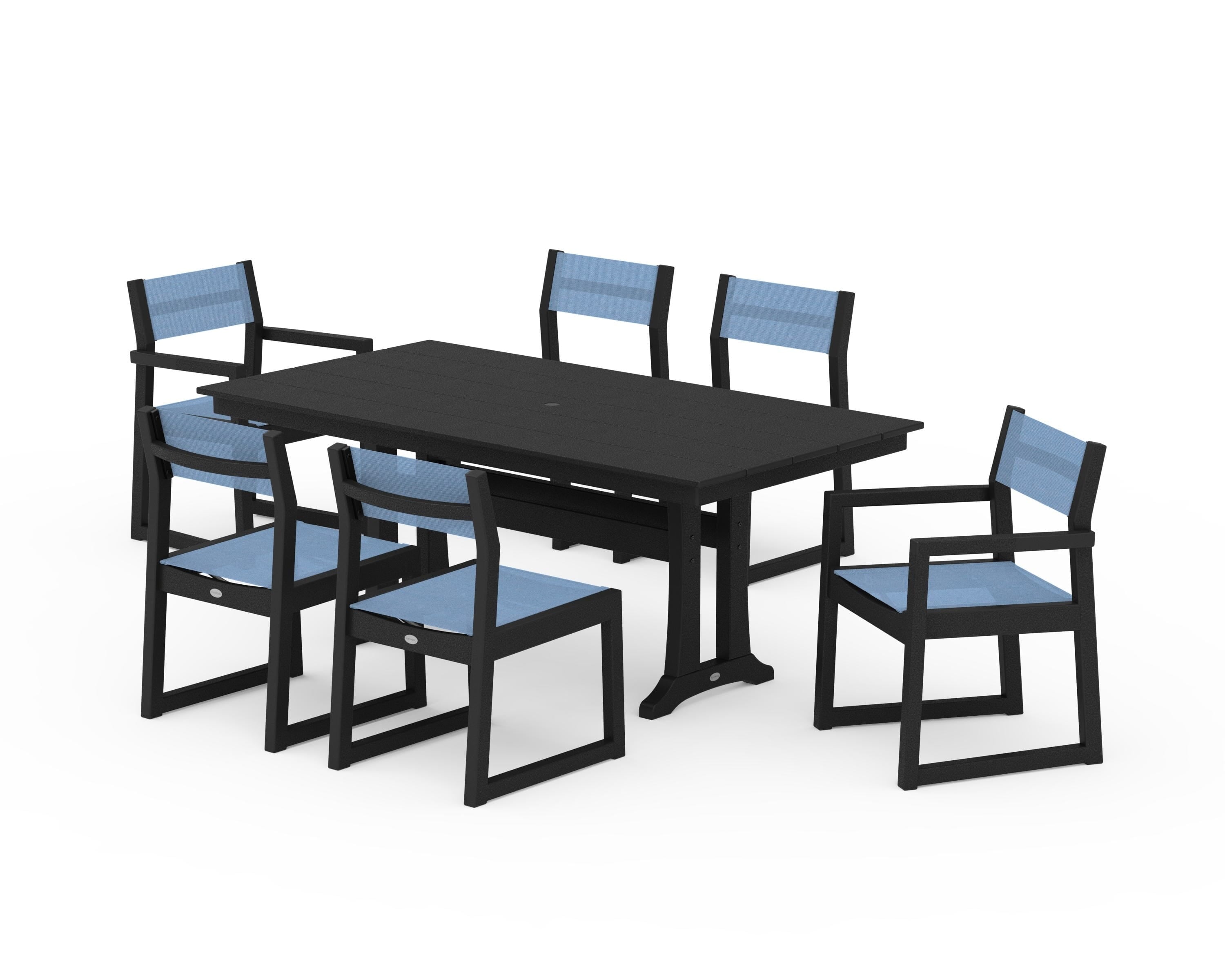 POLYWOOD® EDGE Sling 7-Piece Farmhouse Trestle Dining Set in Black / Poolside Sling