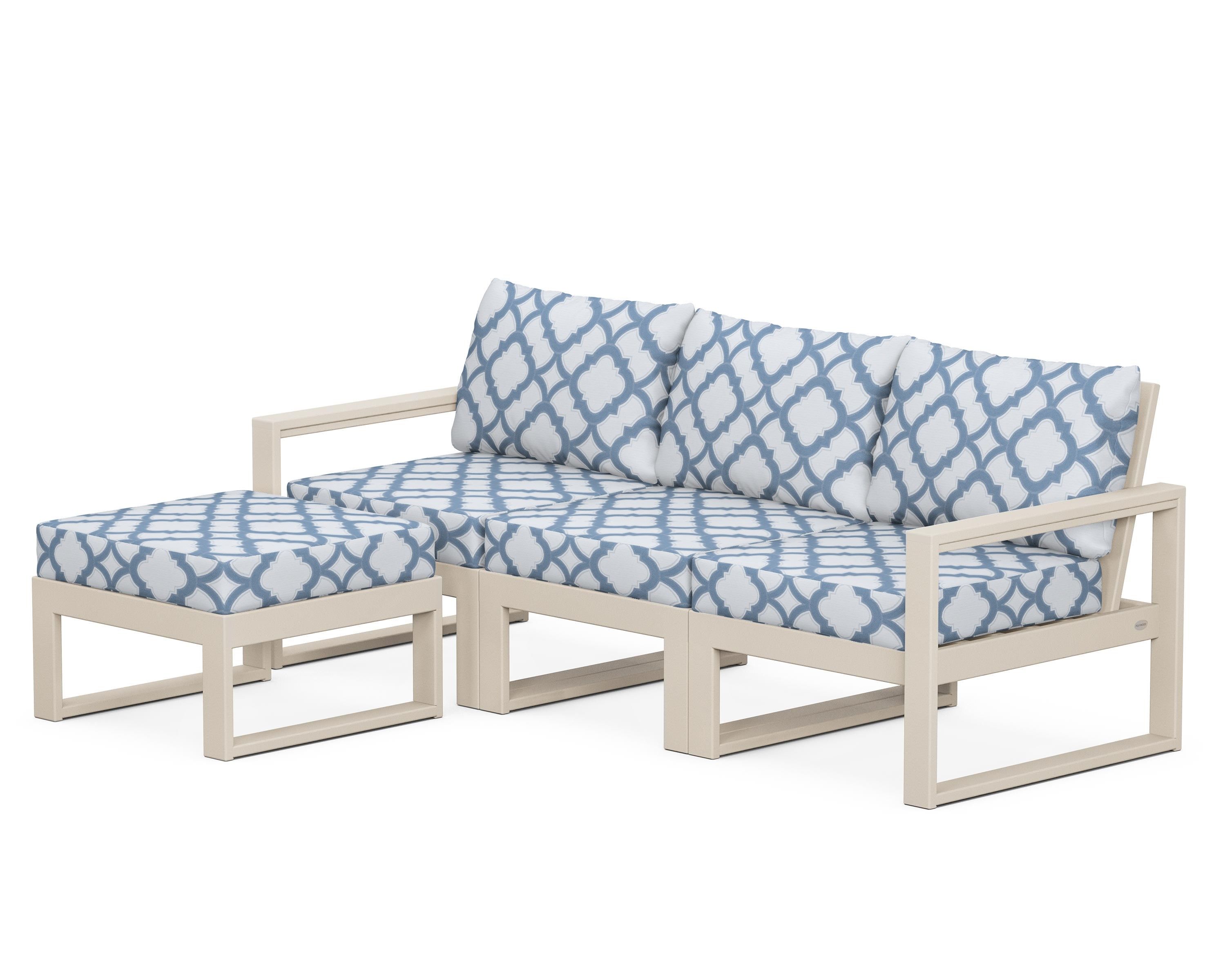 POLYWOOD® EDGE 4-Piece Modular Deep Seating Set with Ottoman in Sand / Trellis Sky Blue