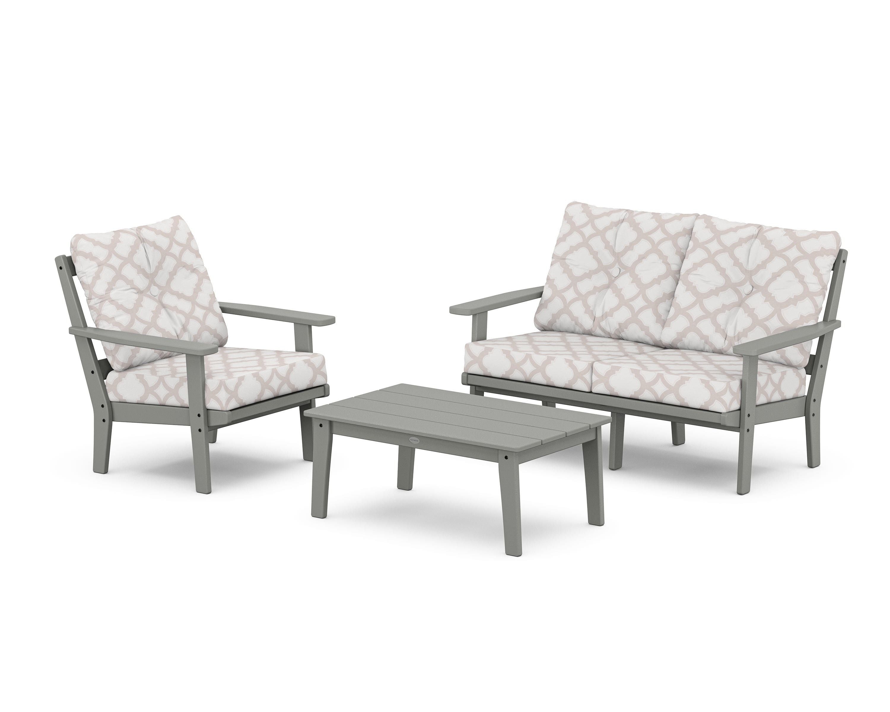 POLYWOOD® Prairie 3-Piece Deep Seating Set with Loveseat in Slate Grey / Trellis Dune Burlap