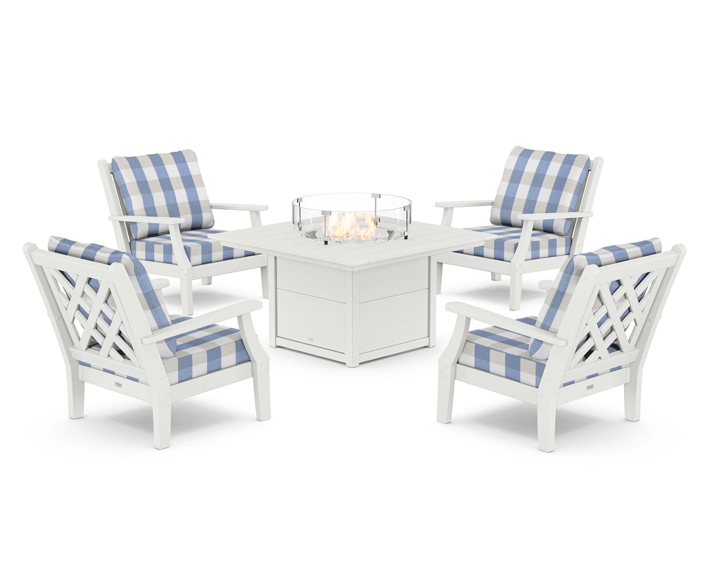 Country Living Wovendale 5-Piece Deep Seating Set with Fire Pit Table in White / Buffalo Plaid Sky Blue