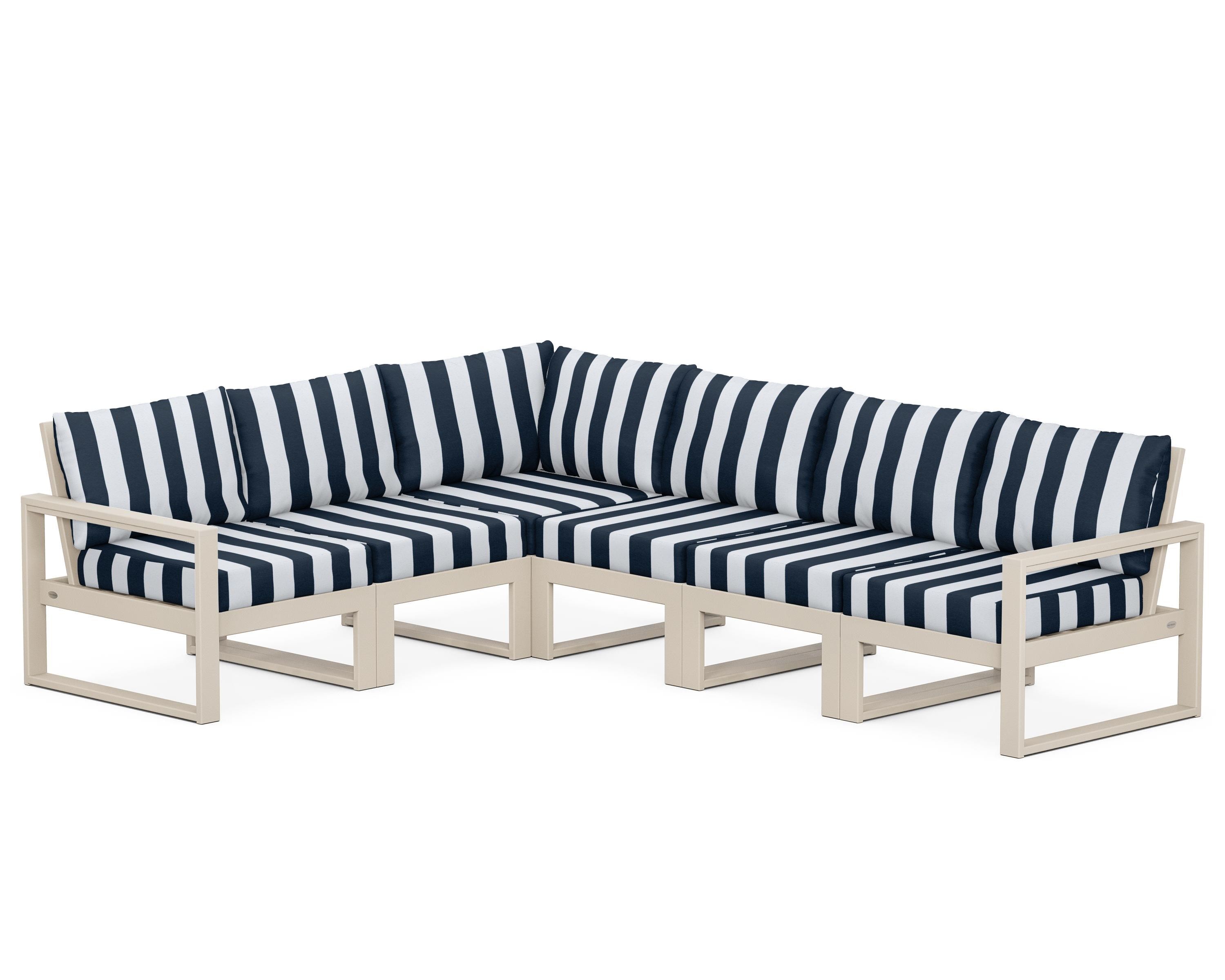 POLYWOOD® EDGE 6-Piece Modular Deep Seating Set in Sand / Cabana Stripe Marine Indigo
