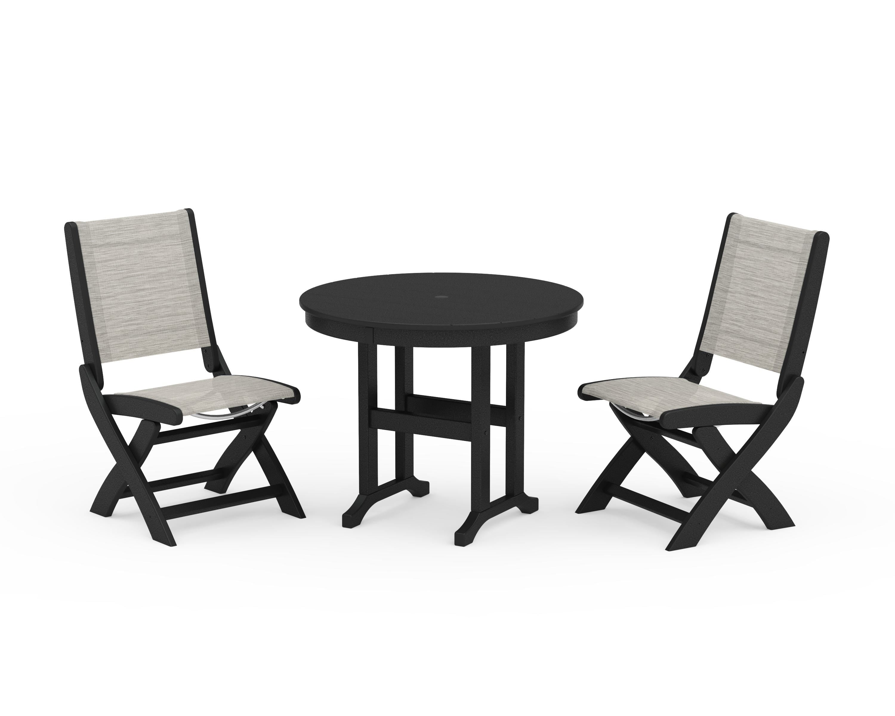 POLYWOOD® Coastal Folding Side Chair 3-Piece Round Dining Set in Black / Birch Sling