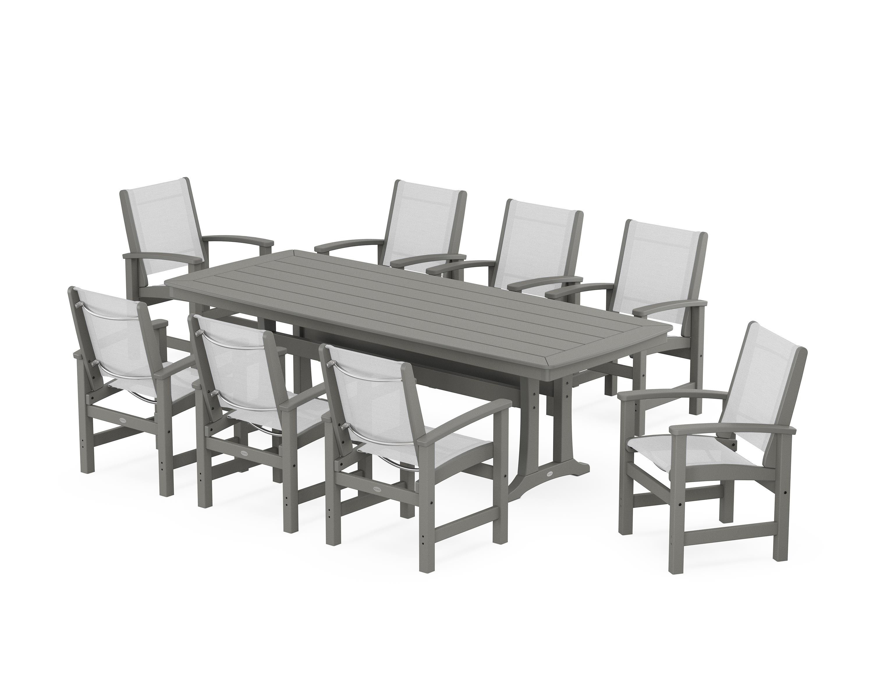 POLYWOOD® Coastal 9-Piece Dining Set with Trestle Legs in Slate Grey / White Sling