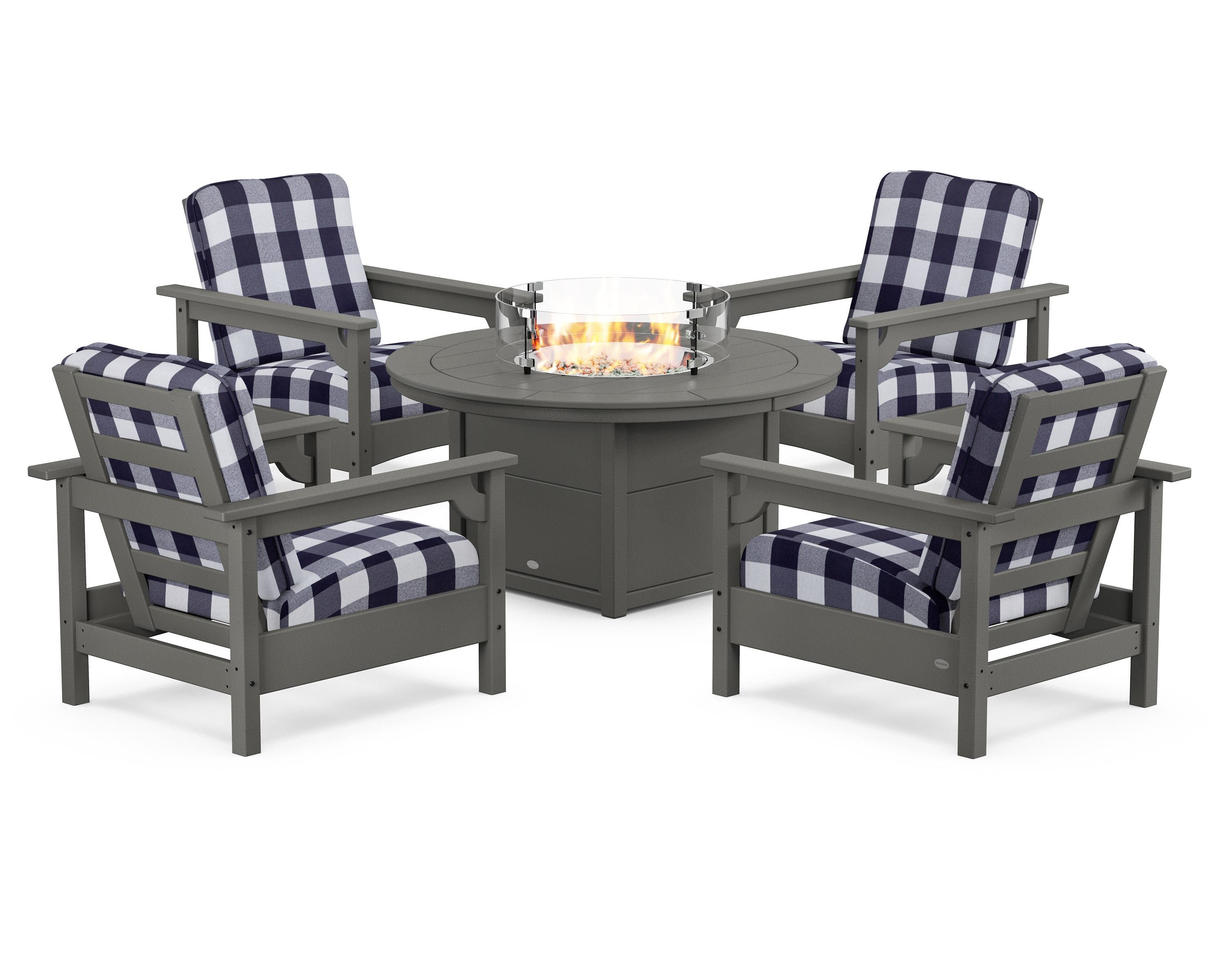 POLYWOOD® Club 5-Piece Conversation Set with Fire Pit Table in Slate Grey / Buffalo Plaid Navy