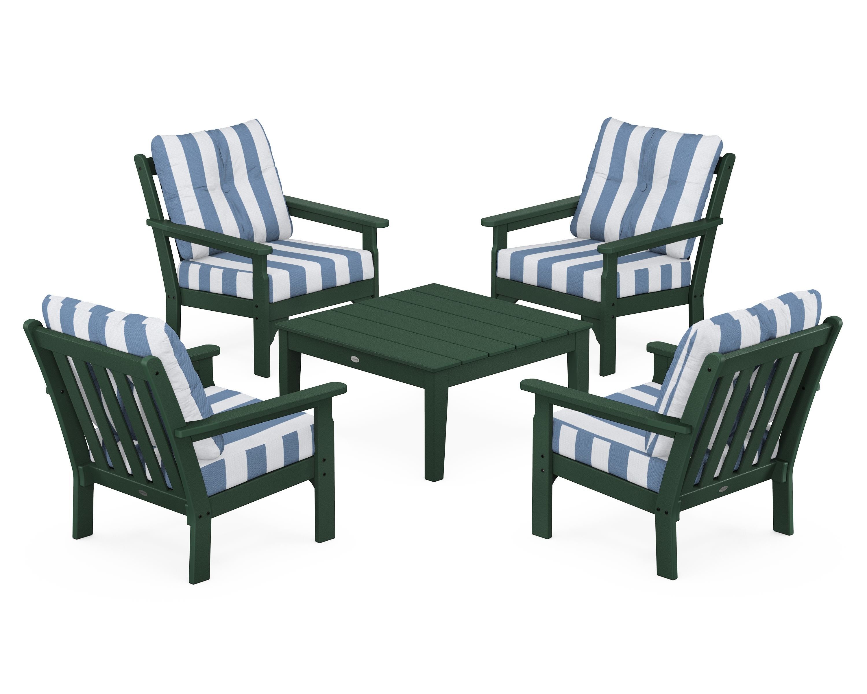 POLYWOOD® Vineyard 5-Piece Deep Seating Conversation Set in Green / Cabana Stripe Sky Blue